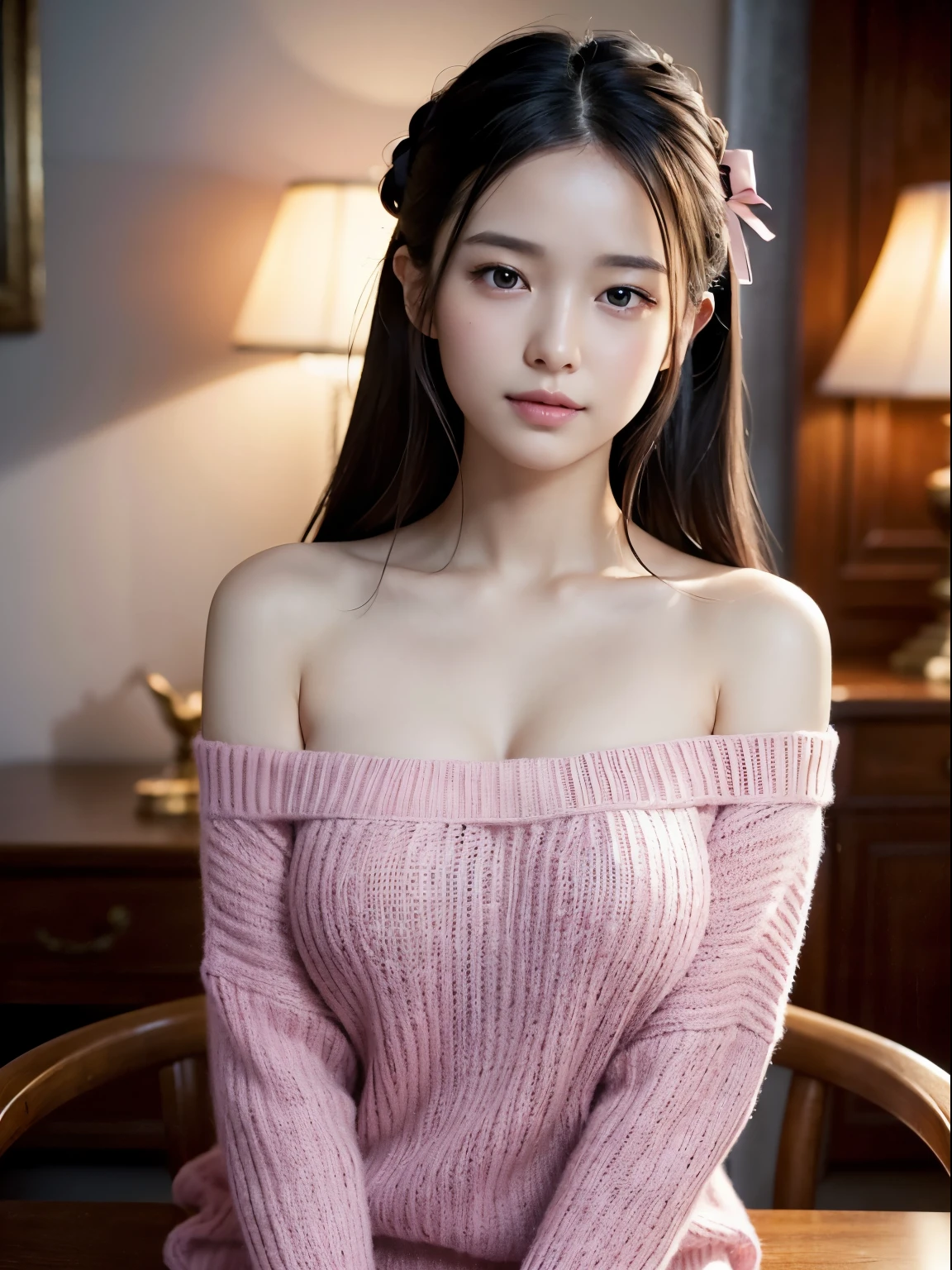 sitting, bare shoulders, very detailed description, (((Loose))) light pink sweater. big breasts, half body portrait, ((looking at the viewer)), smirk,amazingly beautiful, long hair,She wears a light pink ribbon in her hair.,black hair, blush, modest,table, Home, hand. very detailed. cinematic lighting, NSFW