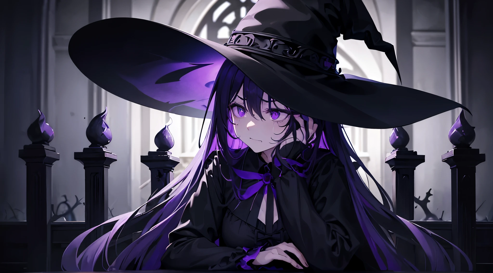 laugh while crying、Stick、witch、Emotionally unstable、final boss、gothic、total darkness、black dress、dark、inside the church、wear a big black hat、Fluffy look、頬Stick、luxury chair、hatred、resentment、purple eyes、hatred、despair、unhappy expression、、