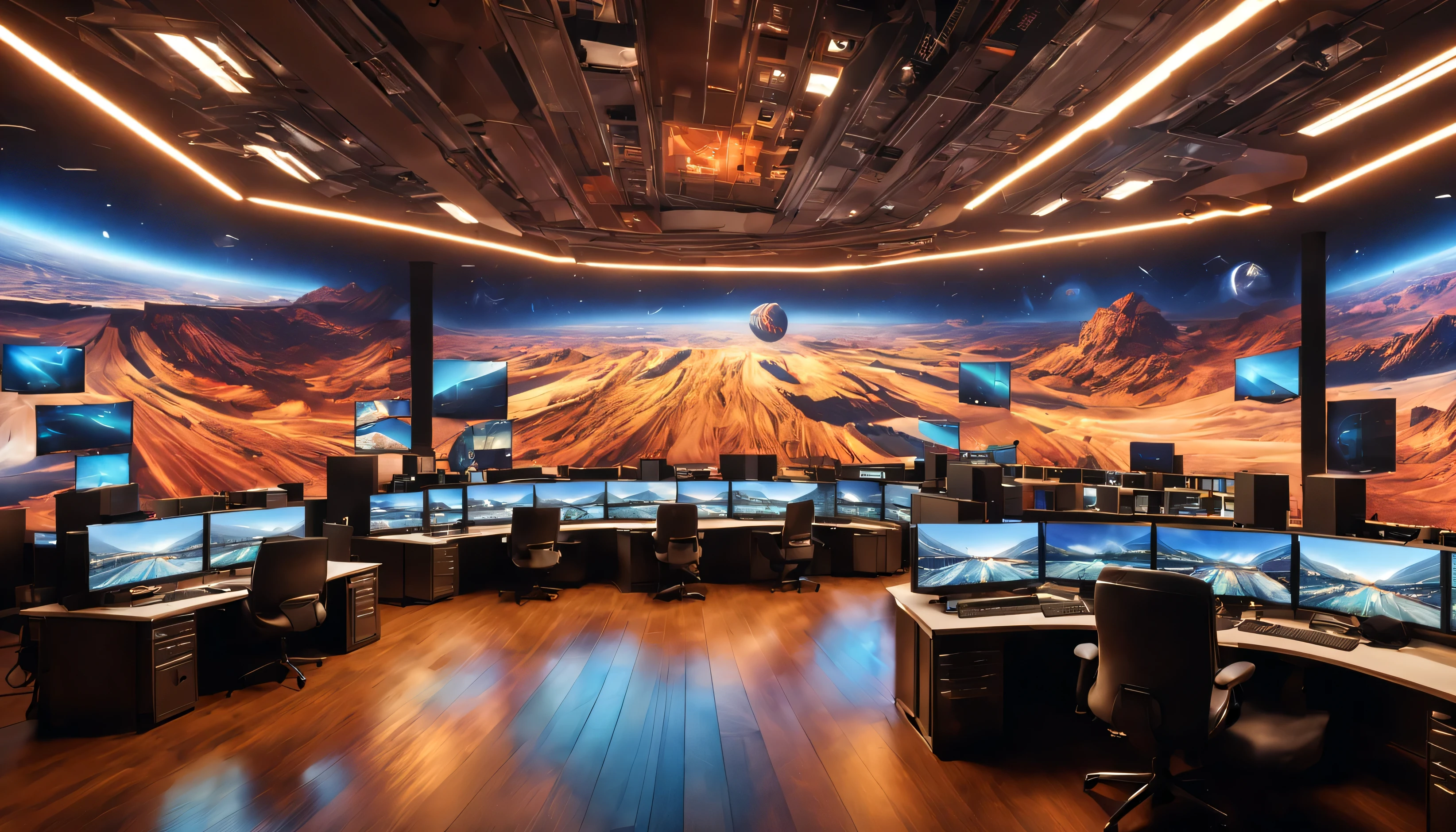 there are many televisions and monitors in this room with a lot of desks, sitting at a control center, crt screens in background, tv screens in background, 8 k post production, 8k post production, sports broadcast, a wide shot, 8 k post - production, 8k post-production, many screens, galaxy center remotely visible. beautiful ceiling