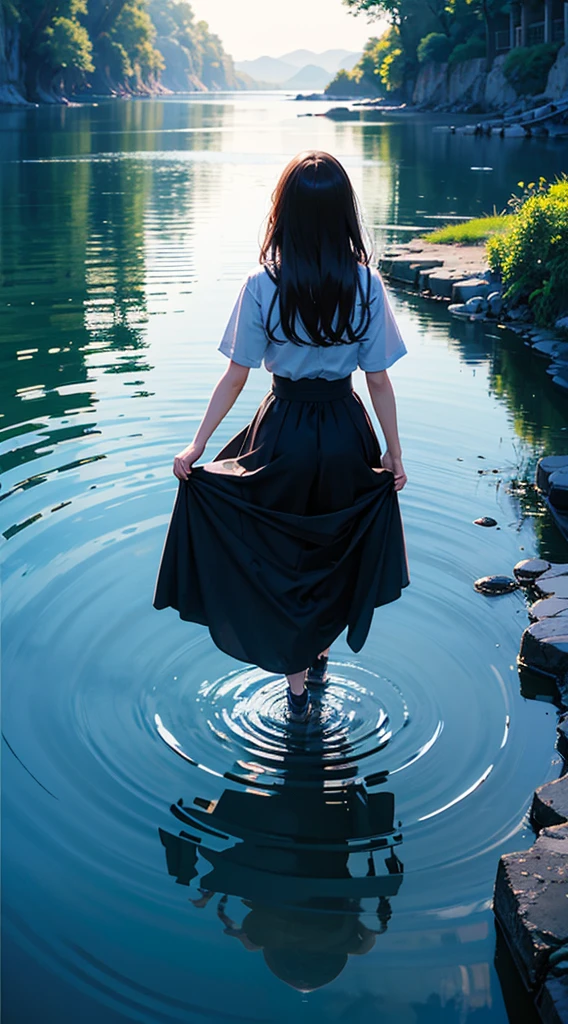 masterpiece,highest quality,girl,walk on blue water,beautiful ripples,transparency,dreamlike digital painting, magical colors and atmosphere,soft movie-like light,From above