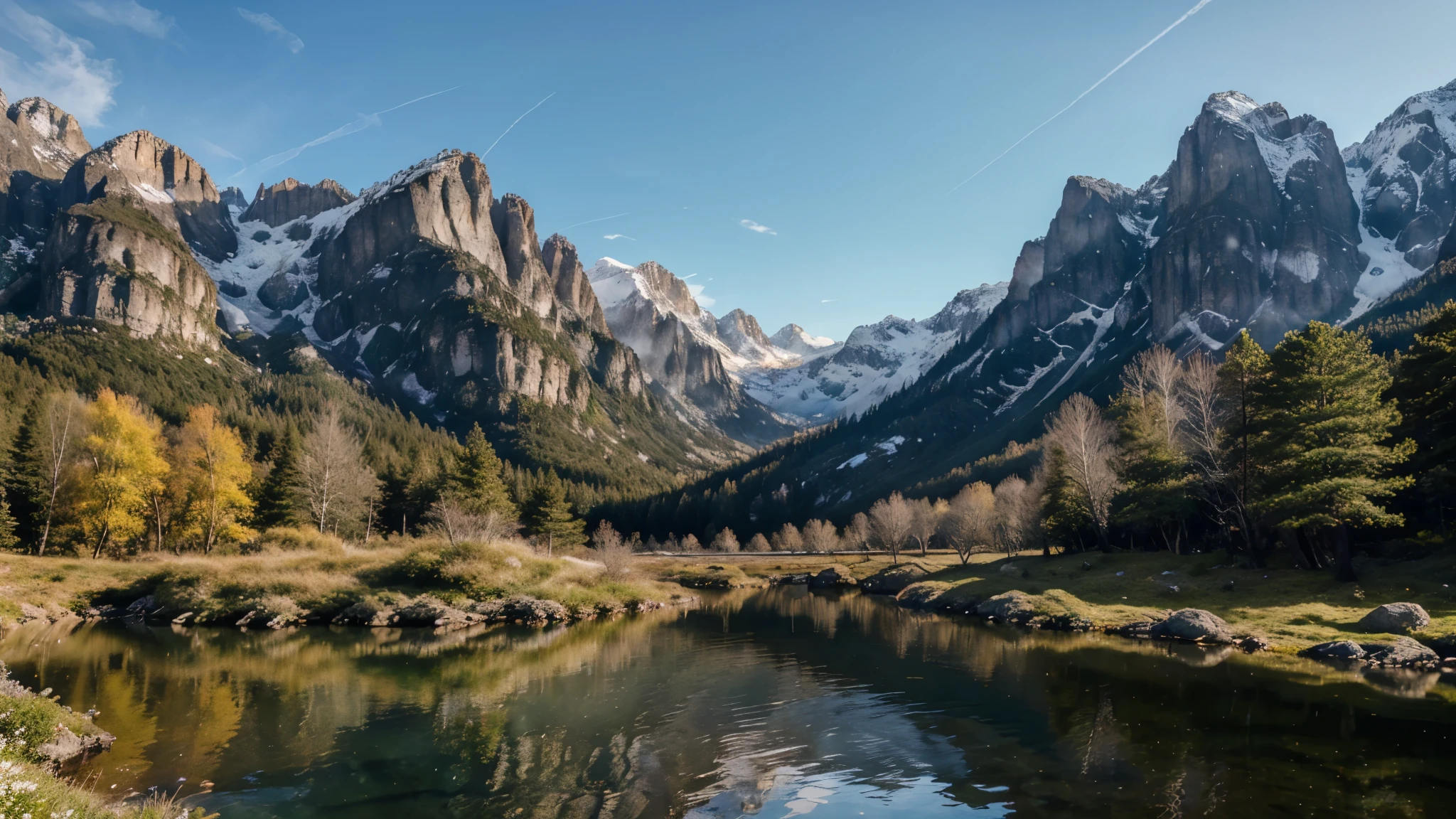 (best quality,8k,highres),ultra-detailed,(realistic,photorealistic,photo-realistic:1.37) Misty Mountain, Beautiful Misty Mountain, majestic snow-capped peaks, thick mist, tranquil valley, towering pine trees, serene lake, colorful wildflowers, gentle breeze, mystical atmosphere, magical sunrise or sunset, dramatic lighting, ethereal fog, peaceful solitude, distant birdsong, breathtaking panoramic view, hidden caves, rocky cliffs, cascading waterfalls, crystal clear streams, reflection of mountains in the water, hidden wildlife, sense of grandeur, awe-inspiring beauty, sense of calm and serenity, untouched wilderness.