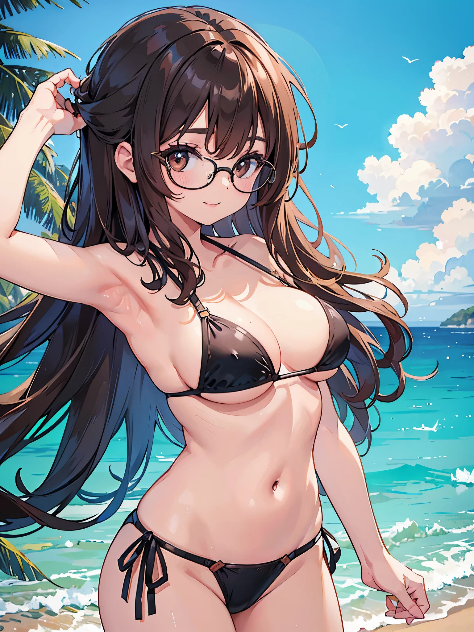 1 woman、brown hair(long)、brown eyes、black round glasses、 best quality、Super detailed、8K resolution、Raw photo、muste piece、seductive 、gorgeous face、perfect body、Ocean、bikini、smile