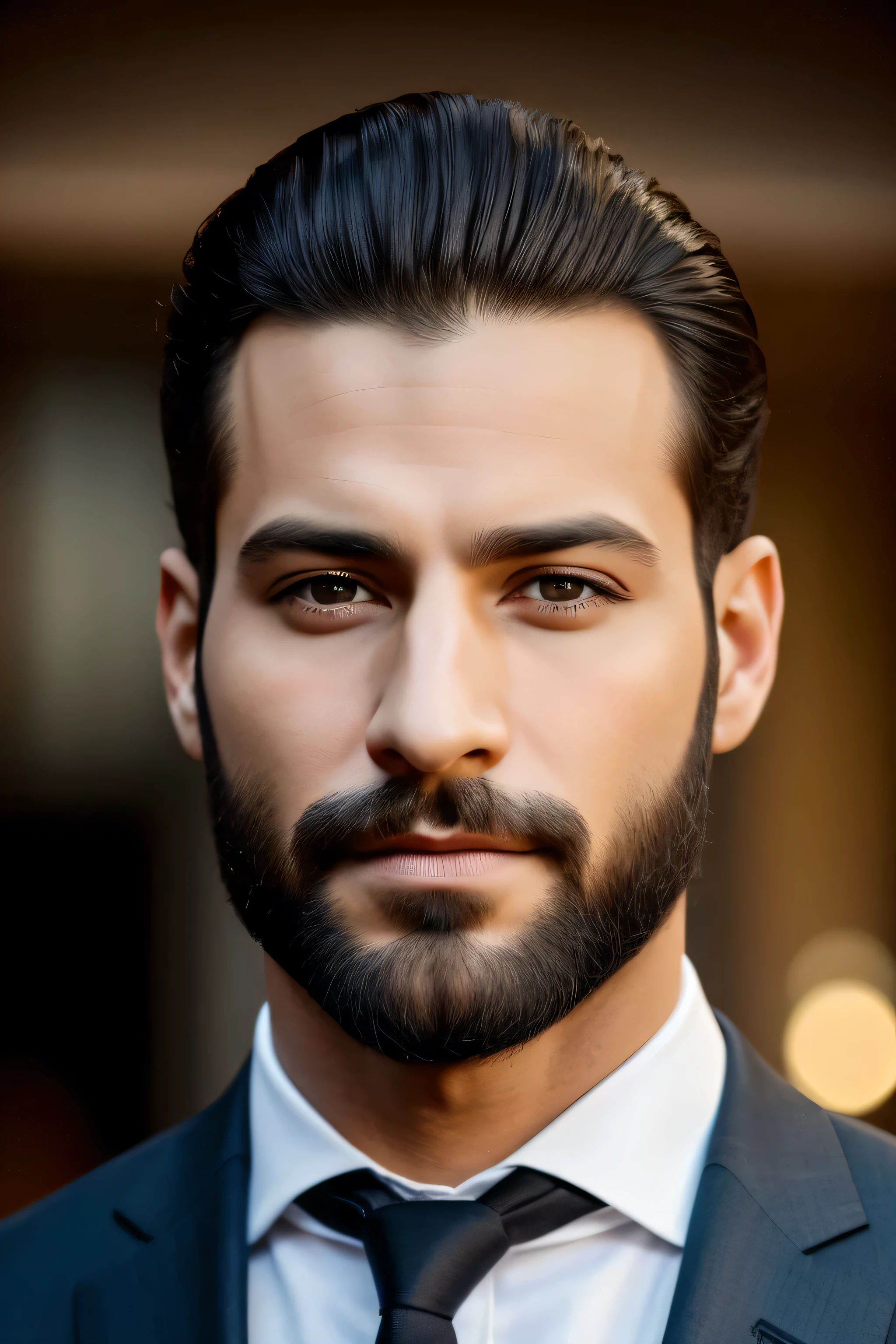 Arafed man in suit and tie looking at camera., Modelo bien mantenido, hermosa y elegante, mira 43, Hombre muy atractivo con barba, slicked back hair, Macho bonito, pelos lisos, hermoso y atractivo, sharp jaw with light beard, hombre bonito, barba cuidada, rostro sofisticado y redondeado, pelo negro liso, pelo negro, frente, cabello afeitado a los lados con un peine #1 y recortado con tijeras en la parte superior, pelo bajo