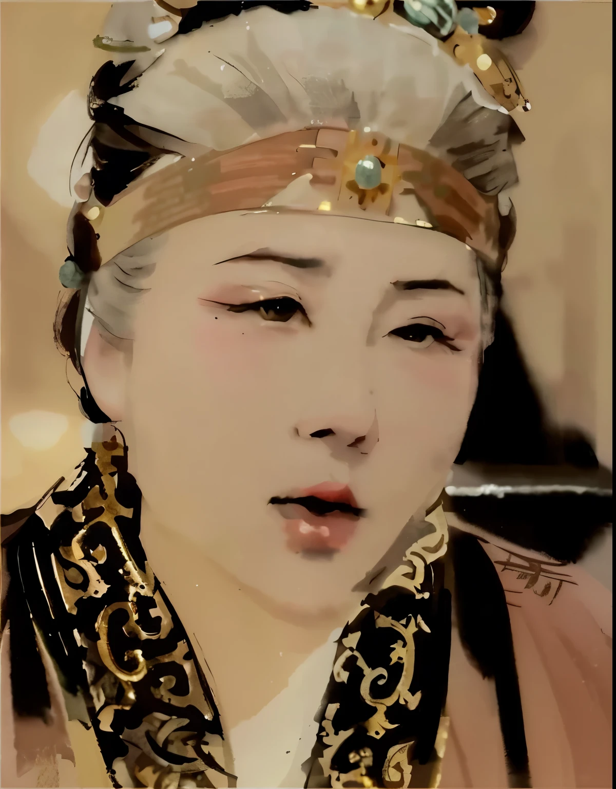 Close-up of a woman wearing a headdress and scarf, Inspired by Yoon Doo-ri, Inspired by Dong Yuan, Inspired by Shen Si Zheng, Inspired by Wang Meng, Inspired by Xie Huan, Inspired by gold farmers, Inspired by Yao Tingmei, Inspired by Xu Xi, Inspired by Guo Xi, Inspired by Li Tang