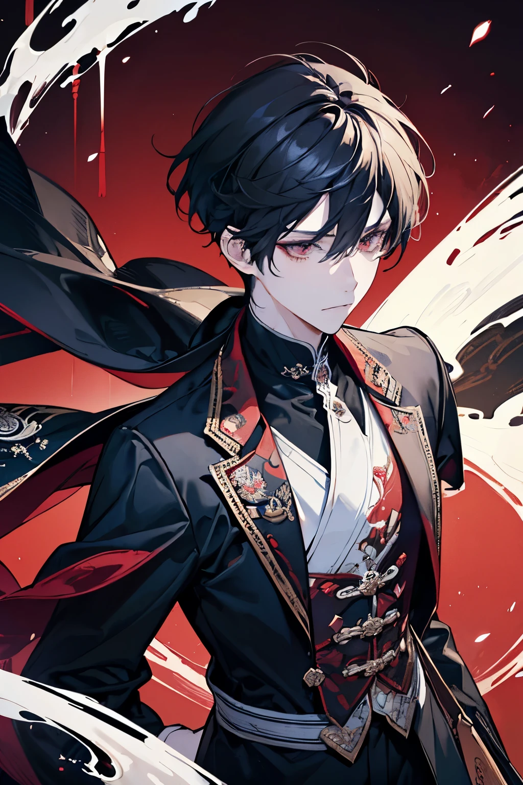 Create an intricately detailed 2D animation in 4K resolution featuring a 1 boy character inspired by the Genshin Impact games. Render the character in an anime art style, emphasizing specific attributes such as black, slightly curly hair, and intense red eyes. Attire the male character meticulously in modern suit Korean style, ensuring that the design authentically captures the unique aesthetics of the Genshin Impact universe. Pay meticulous attention to ultra-detail in the illustration, striving to convey the rich essence of the game's world. Craft a visually stunning and immersive artwork that seamlessly integrates the character's individuality with the captivating allure of Genshin Impact. ultra detailing part,Korean Long 4/6 Bangs Hair Style,Masculine and Handsome,Perfect Male,High and cold,Handsome,Bring sword