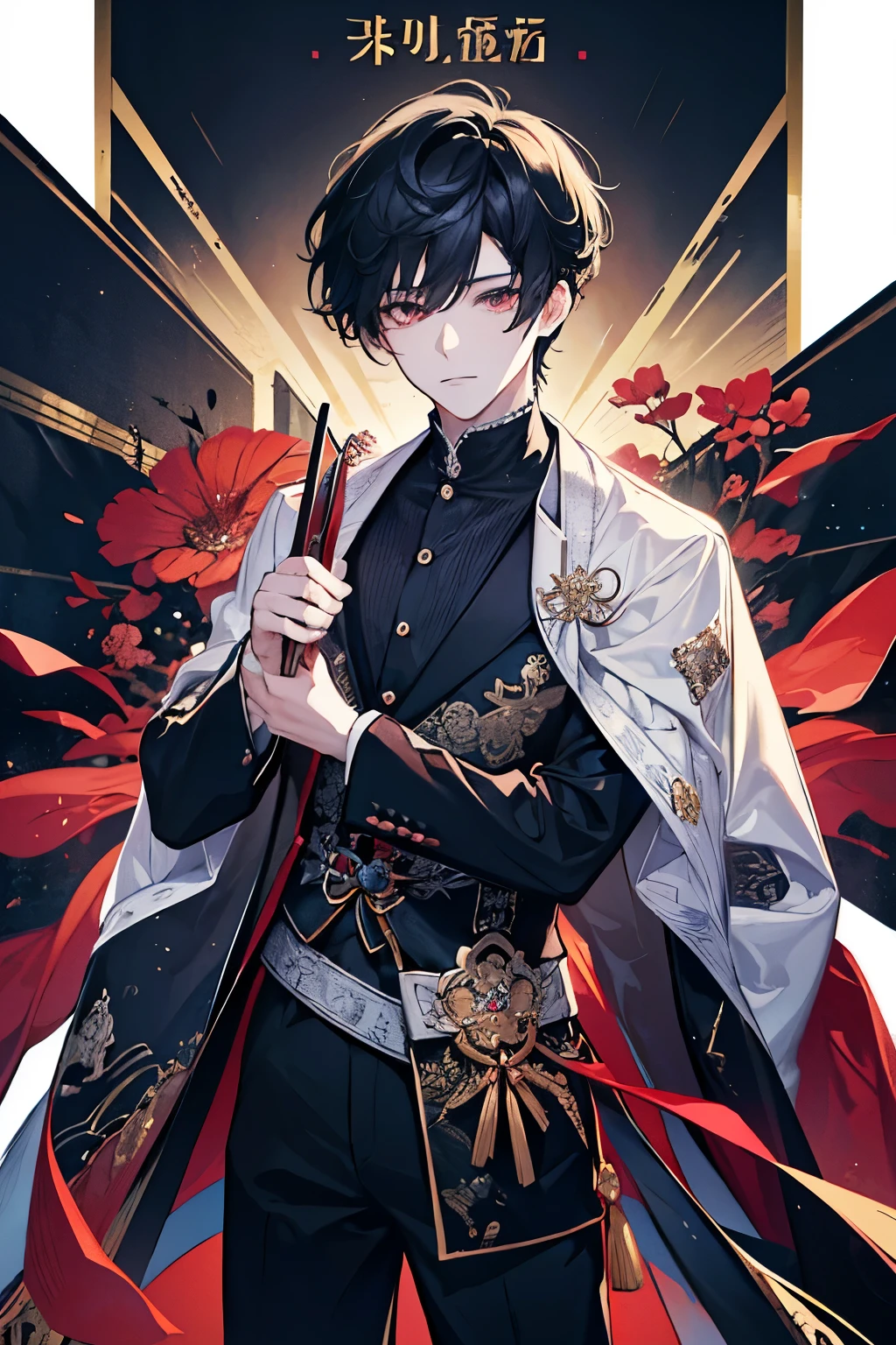 Create an intricately detailed 2D animation in 4K resolution featuring a 1 boy character inspired by the Genshin Impact games. Render the character in an anime art style, emphasizing specific attributes such as black, slightly curly hair, and intense red eyes. Attire the male character meticulously in modern suit Korean style, ensuring that the design authentically captures the unique aesthetics of the Genshin Impact universe. Pay meticulous attention to ultra-detail in the illustration, striving to convey the rich essence of the game's world. Craft a visually stunning and immersive artwork that seamlessly integrates the character's individuality with the captivating allure of Genshin Impact. ultra detailing part,Korean Long 4/6 Bangs Hair Style,Masculine and Handsome,Perfect Male,High and cold,Handsome,Bring sword