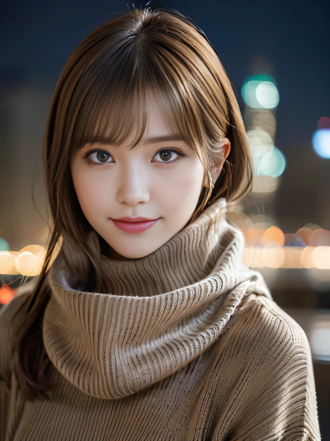 1 girl,(scarf, turtleneck sweater:1.4),(RAW photo, highest quality), (realistic, Photoreal:1.4), table top, very delicate and beautiful, very detailed, 8k wallpaper, wonderful, finely, very detailed CG Unity, High resolution, soft light, Beautiful detailed 19 year old girl, very detailed目と顔, beautifully detailed nose, finelyて美しい目,cinematic lighting,night city lights,perfect anatomy,slender body,smile (hair is dirty, asymmetrical bangs, light brown hair,)