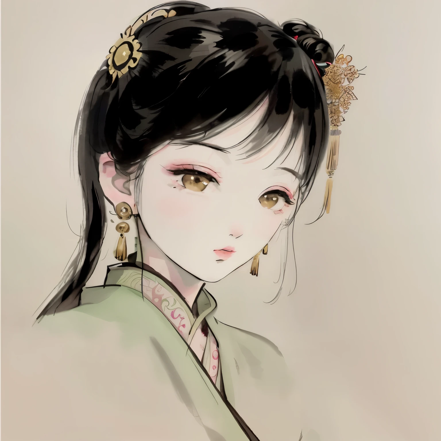 a picture of black hair、Drawing of woman wearing green earrings, beautiful figure painting, ancient chinese beauties, palace , A girl wearing Hanfu, by Qiu Ying, Inspired by Yoon Doo-ri, by Yu Zhiding, beautiful painting, by Li Fangying, A beautiful artistic illustration, traditional Chinese painting, 中traditional Chinese painting风格, by Qu Leilei