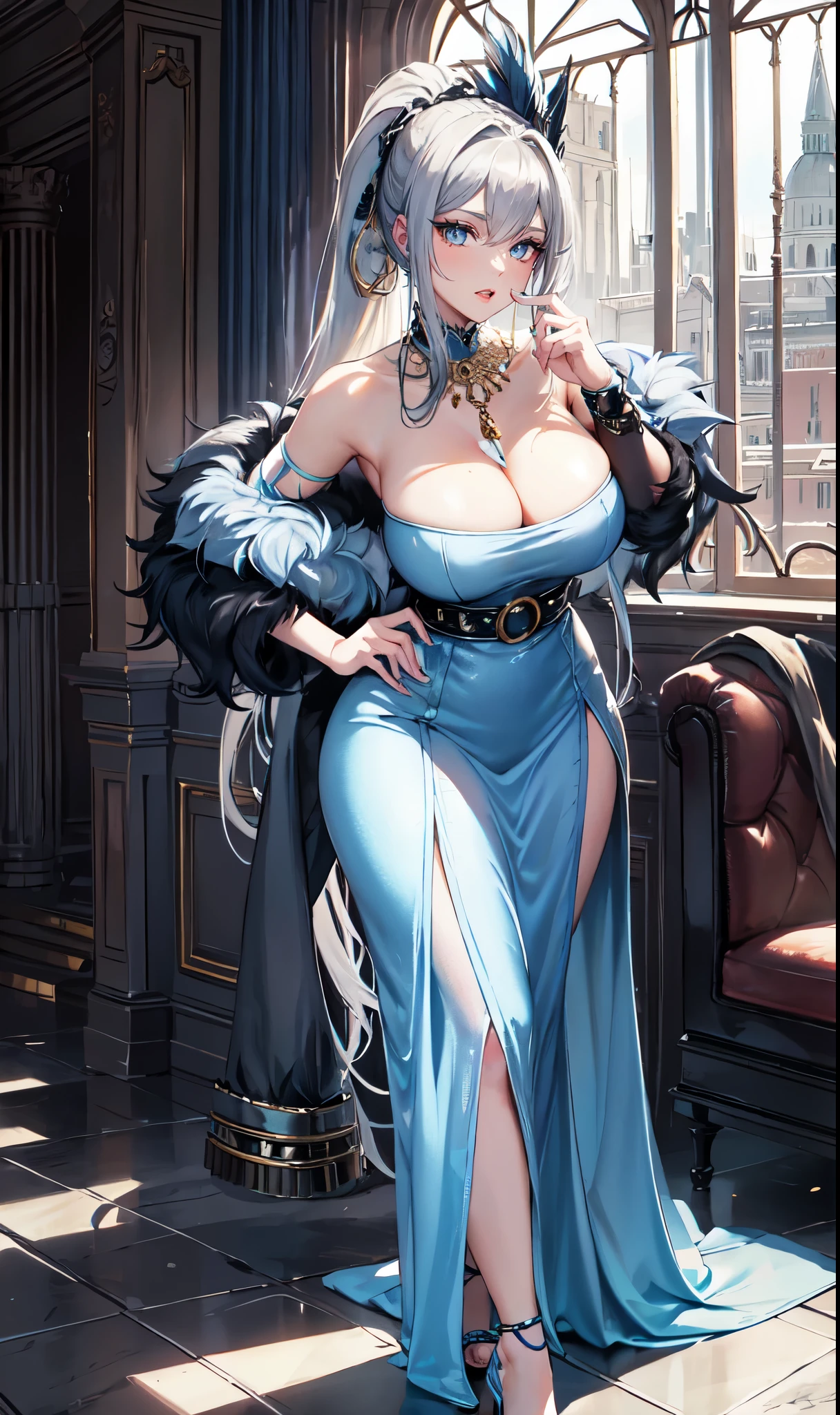 Noble Mansion,(gray hair:2.0),Slender high straight ponytail,gold headband,Standing close-up,dream world,Mature lady,(Slender blue phoenix eyes,lipstick,long eyelashes),long eyelashes,Contact lenses,gemstone gold necklace,(Off-shoulder blue fur dress,fur tube top,Plush tube top,fur strapless,wide cuffs,Long skirt,belt:2.0),fur tube top(big breast)ballroom background,(soft light and shadow:1.9),fur high heels,plush high heels,Detailedly drawn backgrounds