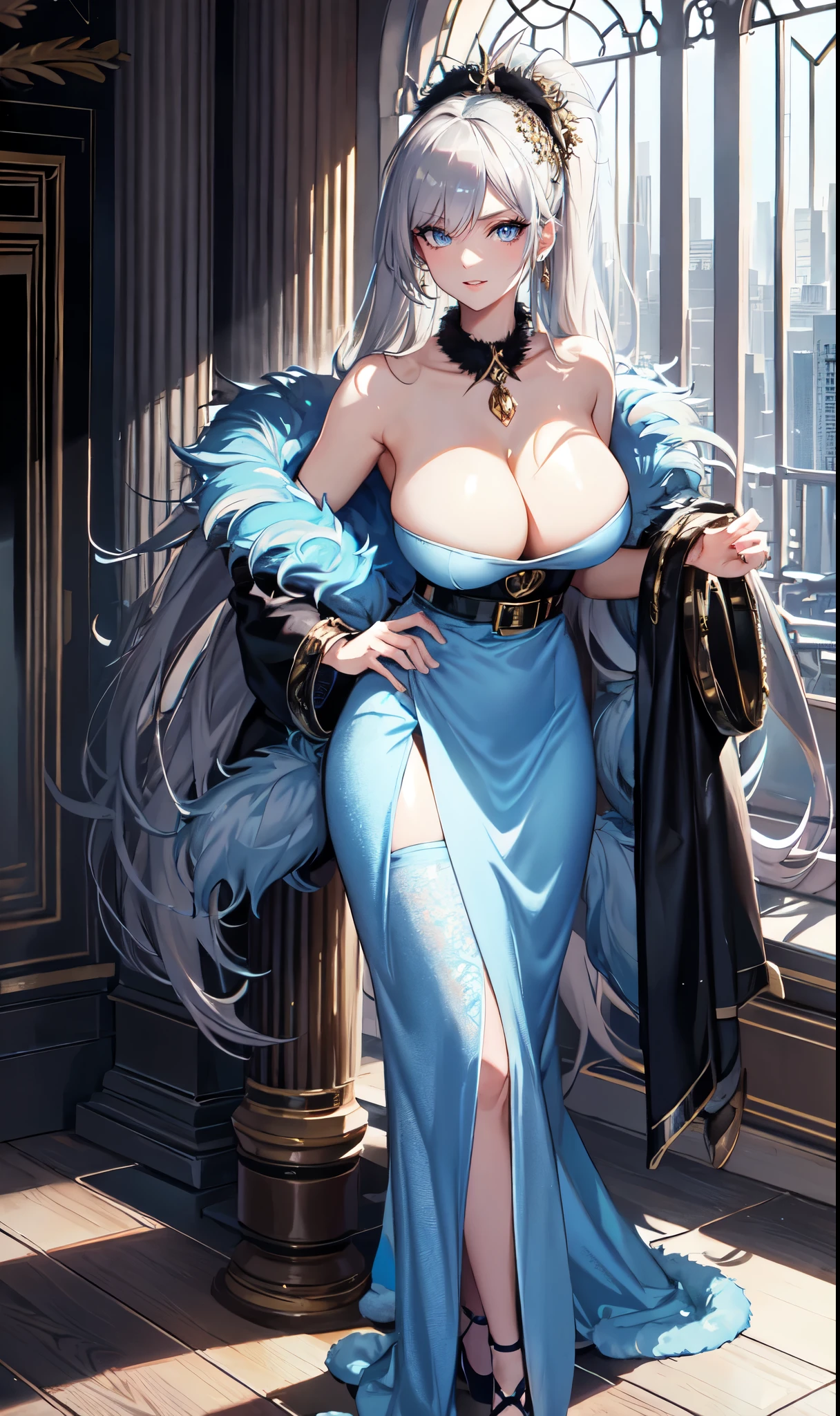 Noble Mansion,(gray hair：2.0),Slender high straight ponytail,gold headband,Standing close-up,dream world,Mature lady,(Slender blue phoenix eyes,lipstick,long eyelashes),long eyelashes,Contact lenses,gemstone gold necklace,(Off-shoulder blue fur dress,fur tube top,Plush tube top,fur strapless,wide cuffs,Long skirt,belt：2.0),fur tube top(big breast)ballroom background,(soft light and shadow：1.9),fur high heels,plush high heels,Detailedly drawn backgrounds