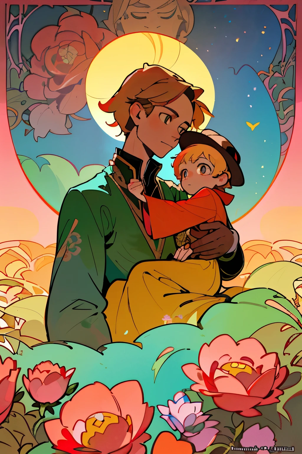In the enchanting world of Antoine de Saint-Exupéry's "The Little Prince," the little prince, dressed in a red tunic and wearing a sun hat, was surrounded by a sea of pink and red roses. He tenderly held a fox in his arms, and the fox, with its expression of deep trust, looked up at him. The sun cast a soft glow over the scene, illustrating Alphonse Mucha's unique style of art. The intricate lines and detailed floral patterns adorned the background, while the prince and the fox stood out with their three-dimensional effect in this high-quality, masterpiece painting. The little prince's eyes