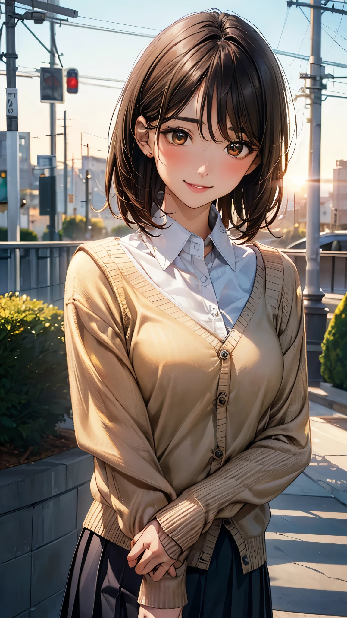 (masterpiece:1.2, top-quality), (realistic, photorealistic:1.4), beautiful illustration, (natural side lighting, movie lighting), 
looking at viewer, (face focus, upper body), front view:1.0, 1 girl, japanese, office lady, 167 years old, perfect face, cute and symmetrical face, shiny skin, 
(short hair:1.7, straight hair:1.4, flipped hair, brown hair), parted bangs, light brown eyes, long eye lasher, (medium breasts), slender, 
beautiful hair, beautiful face, beautiful detailed eyes, beautiful clavicle, beautiful body, beautiful chest, beautiful thigh, beautiful legs, beautiful fingers, 
((detailed cloth texture, (yellow brown cardigan, closed cardigan), white collared shirts, navy pleated skirt, red tai)), 
(beautiful scenery), evening, (outside park), standing, (happy smile, upper eyes), 