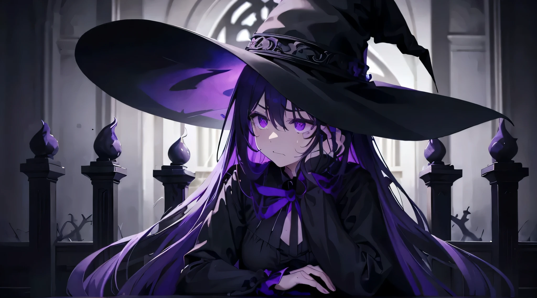 tears、large grain、cry a lot、highly detailed eyes、laugh while crying、stick、witch、Emotionally unstable、final boss、gothic、total darkness、black dress、dark、Inside the church、wear a big black hat、fluffy appearance、頬stick、Premium chairs、hatred、indignation、purple eyes、hatred、despair、dissatisfied look、、