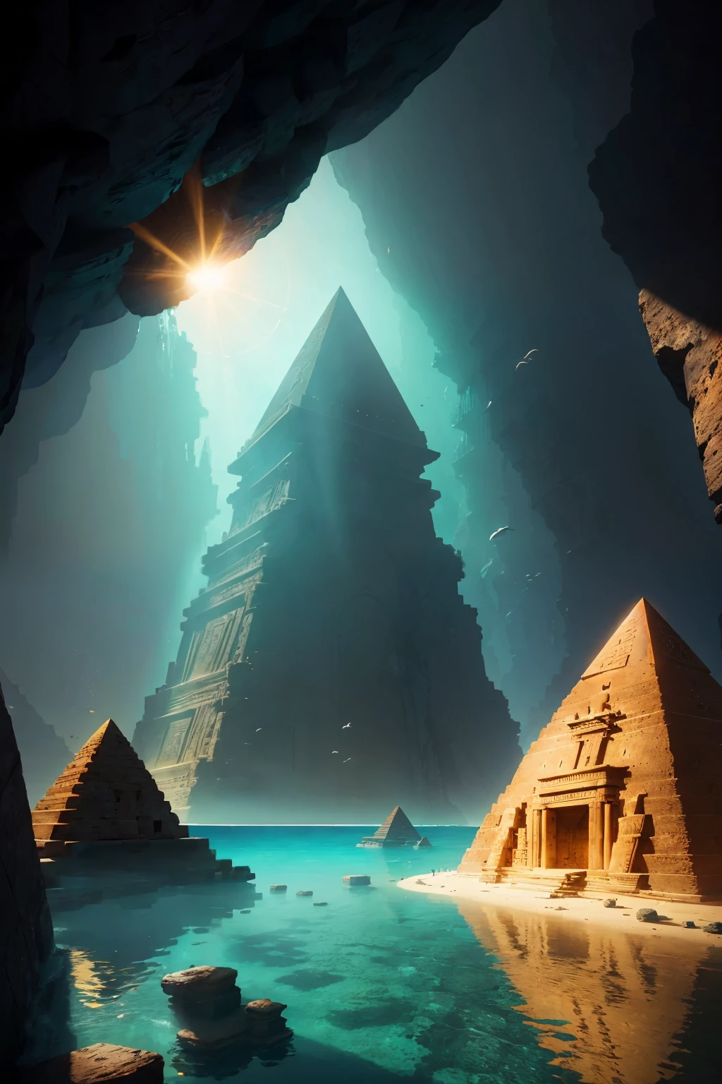 ((masterpiece)), ((best quality)), 8k, high detailed, ultra-detailed, A mesmerizing image of ancient pyramids submerged under the crystal-clear waters. As the sunlight pierces through the gentle waves, it illuminates the intricate details of these underwater marvels. The pyramids, crafted with impeccable precision, showcase a stunning blend of architectural beauty and enigmatic allure. Each stone seems to tell a story, revealing the secrets of a long-lost civilization. The vibrant colors of coral reefs and tropical fish add a touch of surreal beauty to this already captivating scene. The water shimmers with a magical glow, reflecting the majestic pyramids as if they were forged from pure gold. It's a sight that awakens the imagination and invites