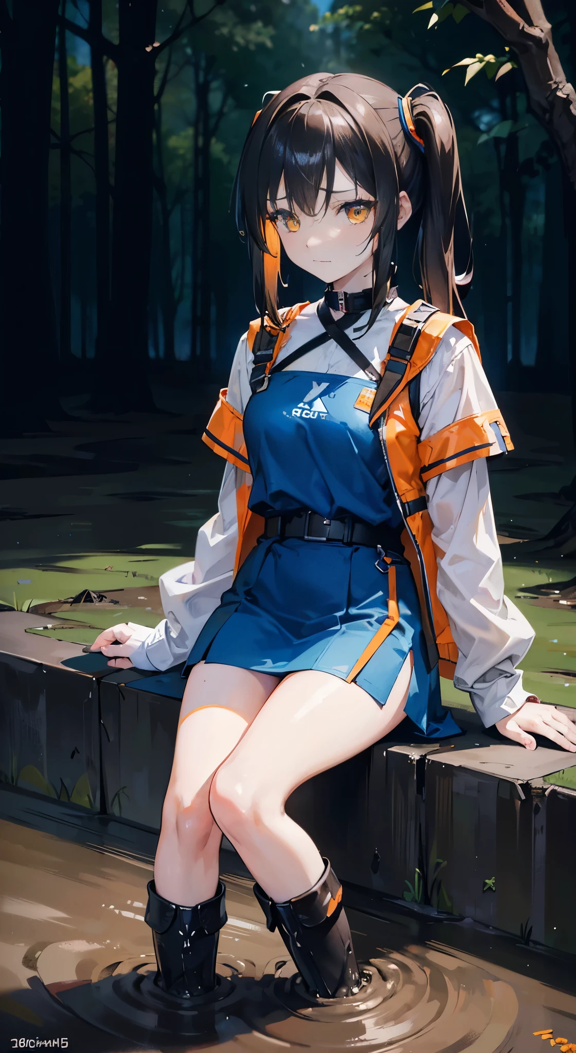 (best quality, 8k, high-resolution, masterpiece:1.2), ultra-detailed, smoothly rendered, precisely composed, triangle composition, light blue twin ponytails, yellow eyes, fair skin, -yeld Wern girl in anime style, wearing a cyberpunk-inspired orange vest and metallic boots, landscape in the background, full-body depiction, splatter art style, struggling in a muddy swamp, legs sinking into the mud, dark brown muddy swamp, nighttime, expression of despair.