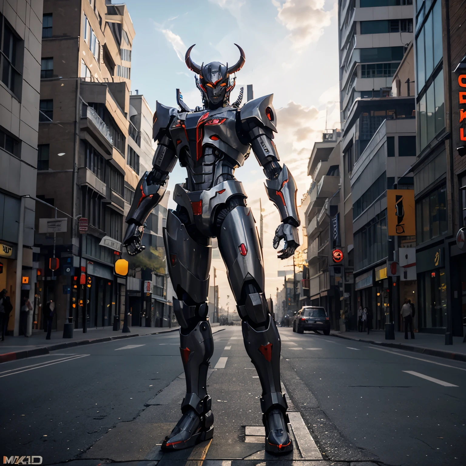 (Demon God Mecha, 3D rendering), background city street center, clear HD, 8K resolution, very detailed, digital painting, concept art, Shinkai Makoto style, pop popularization trend, pop, pop trend on pixiv.