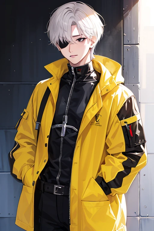1 boy, tall, handsome, (wearing Louis Vuitton clothes), Standing in front of a sportsbike, handsome, (White hair with blue shade), black eyes, (Have a small crucifix tattoo near his eye), (have a small scar near his lip), Windbreaker_Joker, no abnormality, manhwa character, character_Joker, anime, Manhwa_type_Boy.