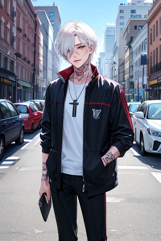 1 boy, tall, handsome, (wearing Louis Vuitton clothes), Standing in front of a sportsbike, handsome, (White hair with blue shade), black eyes, (Have a small crucifix tattoo near his eye), (have a small scar near his lip), Windbreaker_Joker, no abnormality, manhwa character, character_Joker, anime, Manhwa_type_Boy.