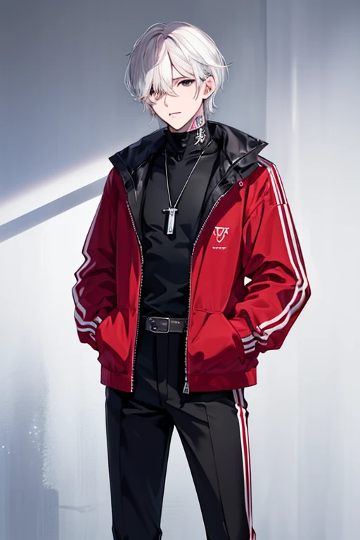 1 boy, tall, handsome, (wearing Louis Vuitton clothes), Standing in front of a sportsbike, handsome, (White hair with blue shade), black eyes, (Have a small crucifix tattoo near his eye), (have a small scar near his lip), Windbreaker_Joker, no abnormality, manhwa character, character_Joker, anime, Manhwa_type_Boy.