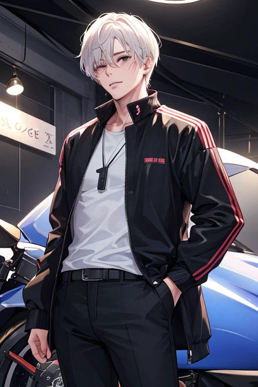 1 boy, tall, handsome, (wearing Louis Vuitton clothes), Standing in front of a sportsbike, handsome, (White hair with blue shade), black eyes, (Have a small crucifix tattoo near his eye), (have a small scar near his lip), Windbreaker_Joker, no abnormality, manhwa character, character_Joker, anime, Manhwa_type_Boy.