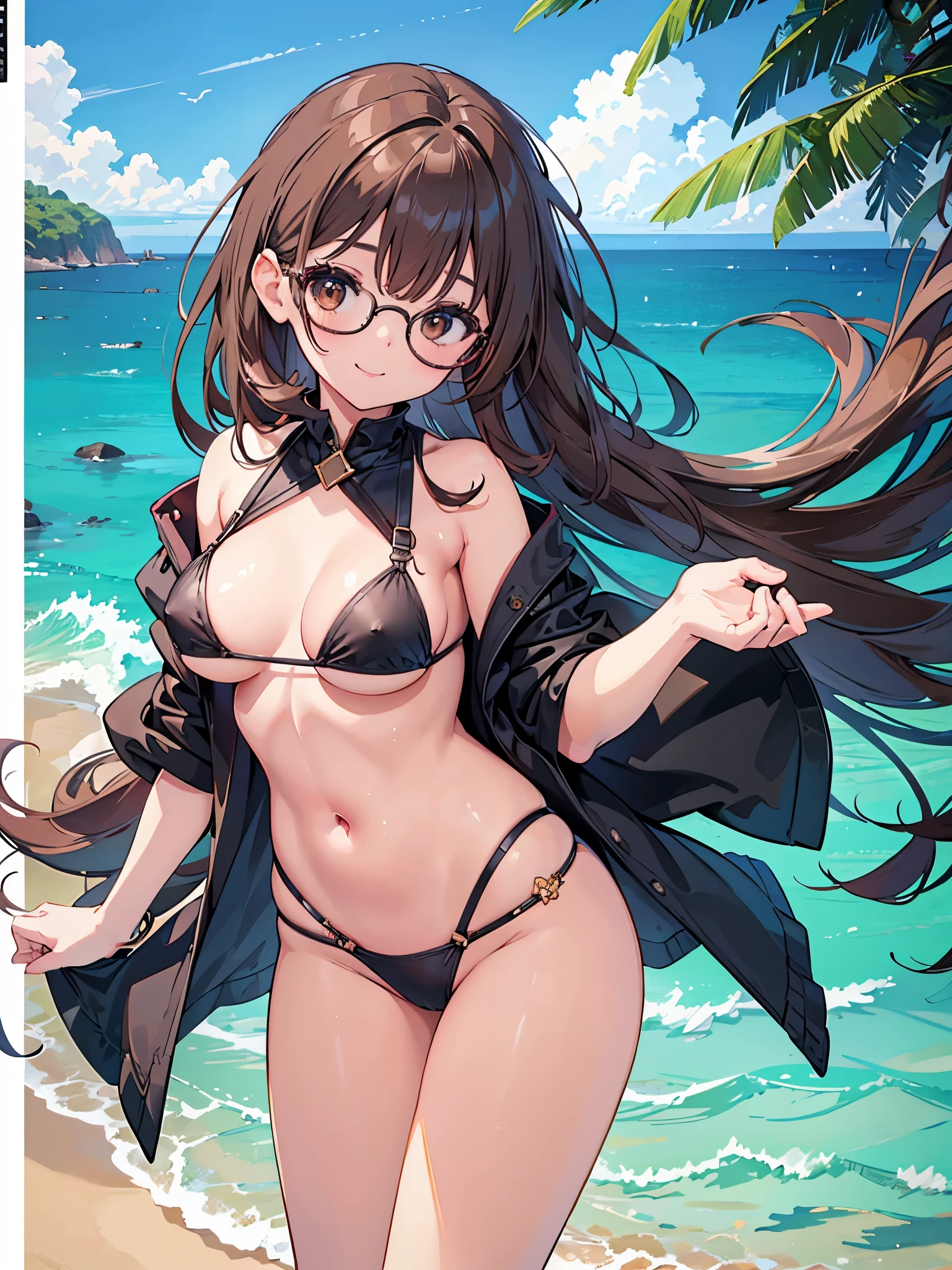 NSFW、1 woman、brown hair(long)、brown eyes、black round glasses、 best quality、Super detailed、8K resolution、Raw photo、muste piece、seductive 、gorgeous face、perfect body、Ocean、bikini、smile