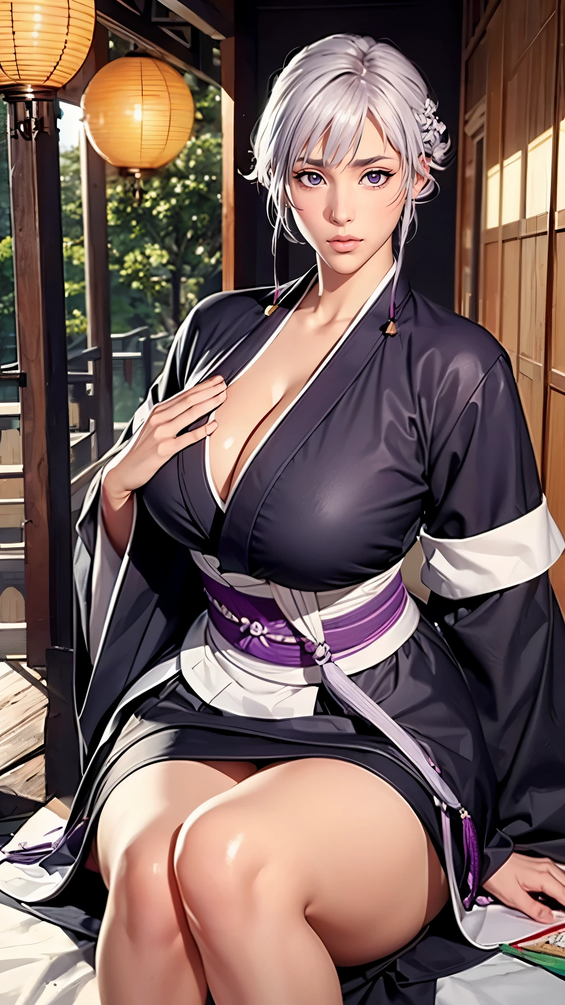 （（（完美figure，figure，long sleeves, japanese clothes, kimono, haori, black kimono, hakama, black hakama,（（（isane kotetsu, short hair, braid, white hair, (purple eyes:1.1), hair braid, ））），（（（wide hips））），S型figure:1.7））），((masterpiece)),high resolution, ((Best quality at best))，masterpiece，quality，Best quality，（（（ Exquisite facial features，looking at the audience,There is light in the eyes，blush，Happy））），（（（Interlacing of light and shadow，huge ））），（（（looking into camera，Ghost Road，glow，from below，look up,sit astride，Put your hands behind your back）））