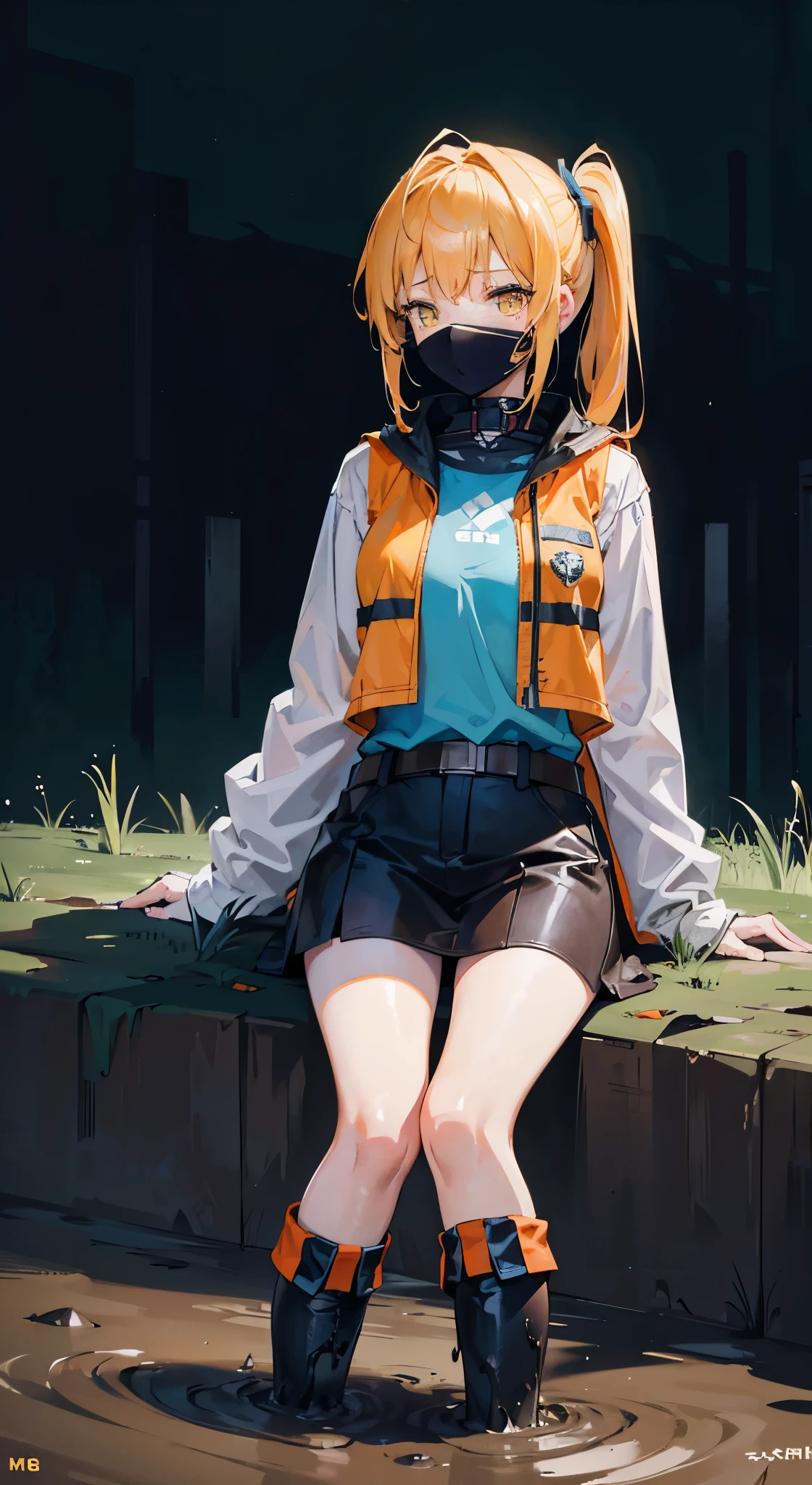 (best quality, 8k, high-resolution, masterpiece:1.2), ultra-detailed, smoothly rendered, precisely composed, triangle composition, light blue twin ponytails, yellow eyes, fair skin, 16-year-old Western girl in anime style, wearing a cyberpunk-inspired orange vest and metallic boots, landscape in the background, full-body depiction, splatter art style, struggling in a muddy swamp, legs sinking into the mud, dark brown muddy swamp, nighttime, expression of despair.