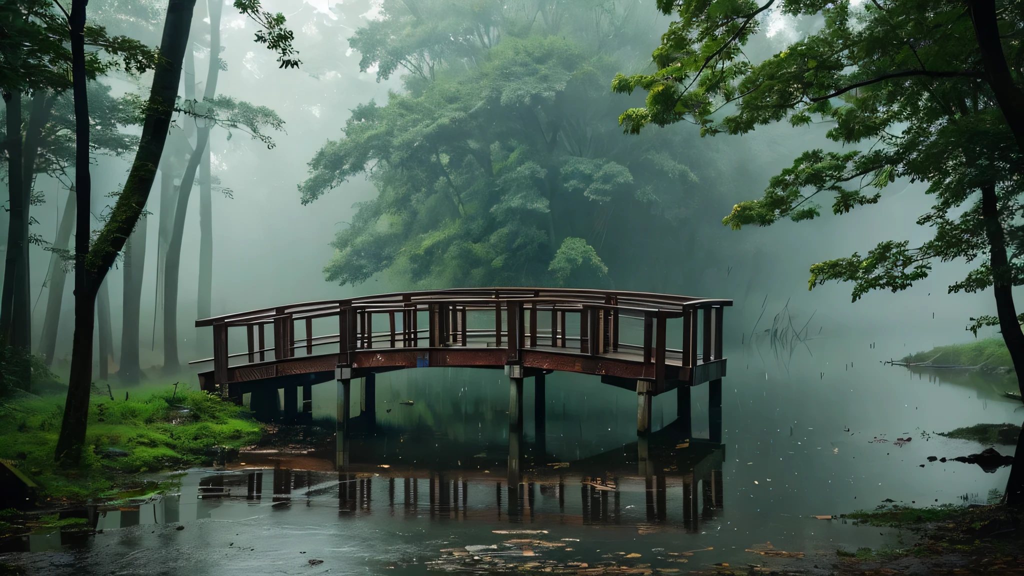 This image is、in the heavy rain、Photographing a narrow wooden suspension bridge。The bridge is a tall tree with green leaves々It is surrounded by、Creates an atmosphere as if you are deep in the forest.。Rain is captured in intermediate stages、Foggy, Create a fantastic texture.。The background is blurred by the strength of the rain and rising fog.、There is an element of mystery as to where the bridge connects。No people or animals were found、、There&#39;s a sense of silence and solitude in the rain。