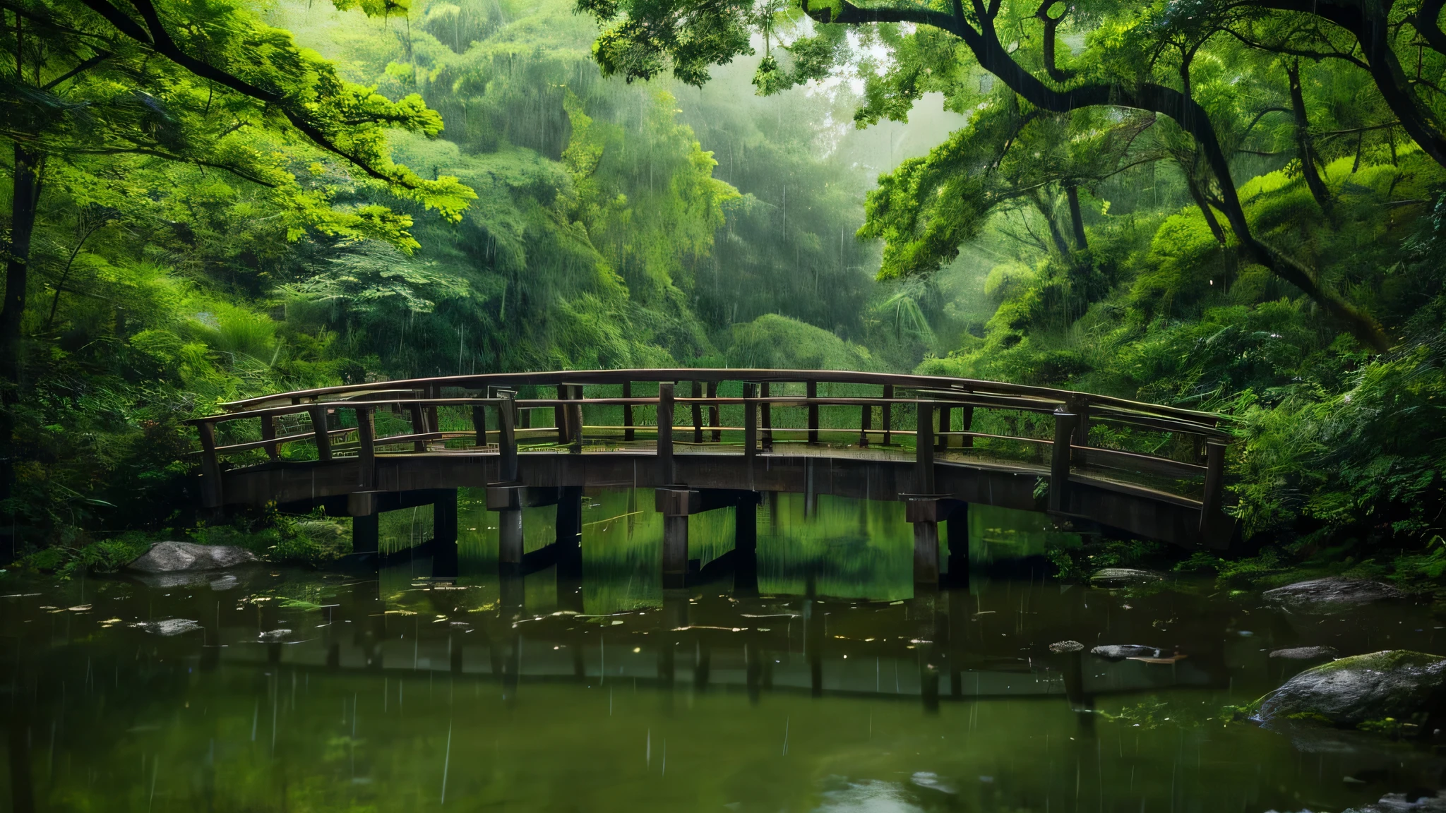 This image is、in the heavy rain、Photographing a narrow wooden suspension bridge。The bridge is a tall tree with green leaves々It is surrounded by、Creates an atmosphere as if you are deep in the forest.。Rain is captured in intermediate stages、Foggy, Create a fantastic texture.。The background is blurred by the strength of the rain and rising fog.、There is an element of mystery as to where the bridge connects。No people or animals were found、、There&#39;s a sense of silence and solitude in the rain。