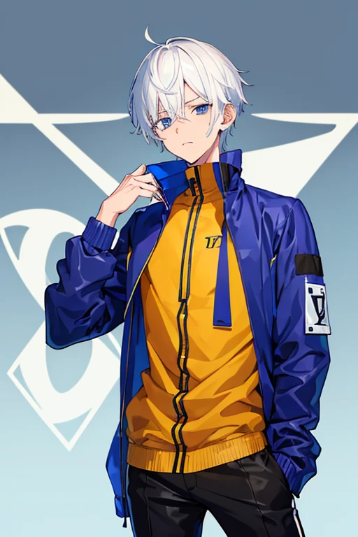 1 boy, tall, handsome, wearing Louis Vuitton clothes, Standing in front of a sportsbike, handsome, (White hair), black eyes, (Have a small crucifix tattoo near his eye), (have a small scar near his lip), Windbreaker_Joker, no abnormality, manhwa character, windbreaker character_Joker, anime, not wearing a windbreaker.