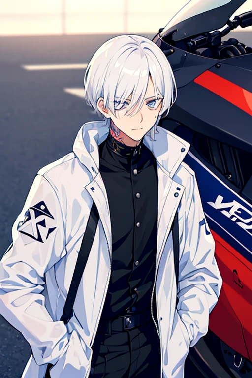 1 boy, tall, handsome, wearing Louis Vuitton clothes, Standing in front of a sportsbike, handsome, (White hair), black eyes, (Have a small crucifix tattoo near his eye), (have a small scar near his lip), Windbreaker_Joker, no abnormality, manhwa character, windbreaker character_Joker, anime, not wearing a windbreaker.