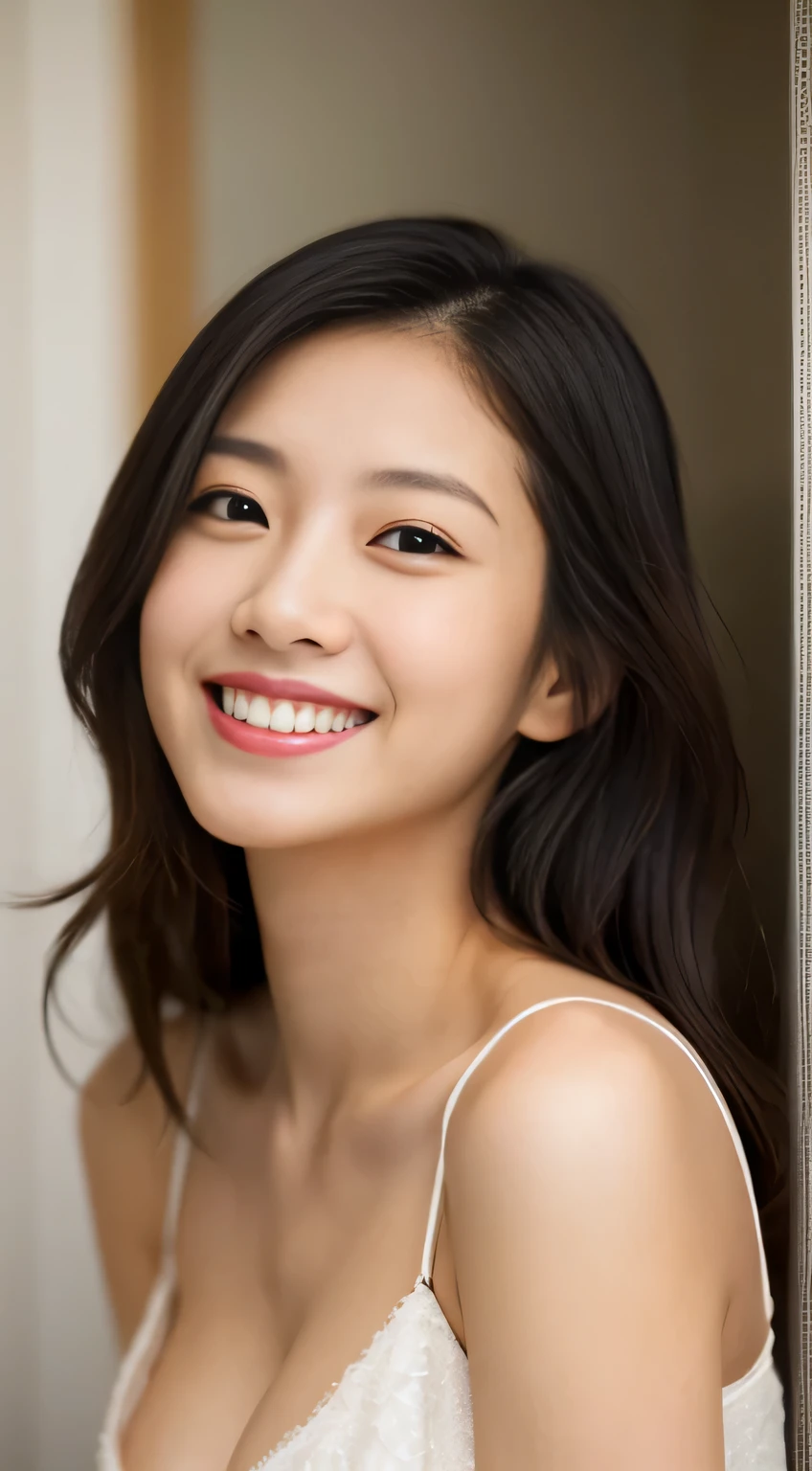 Japanese ),((beautiful girl)),cleavage,An expression that imagines something pleasant:1.2,(perfect body beauty:1.2),((perfect body)),(shy smile),beautiful teeth,