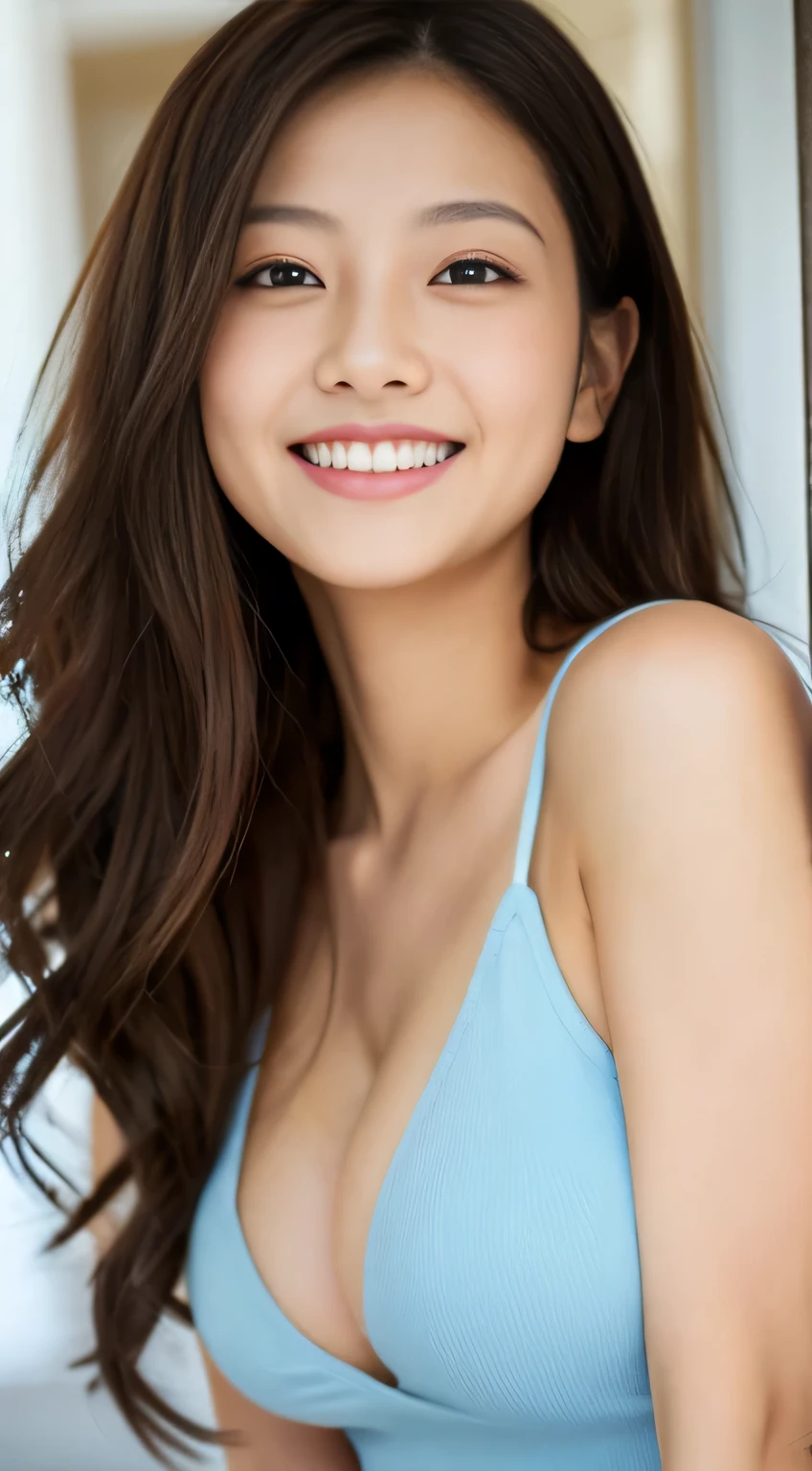 Japanese ),((beautiful girl)),cleavage,An expression that imagines something pleasant:1.2,(perfect body beauty:1.2),((perfect body)),(shy smile),beautiful teeth,