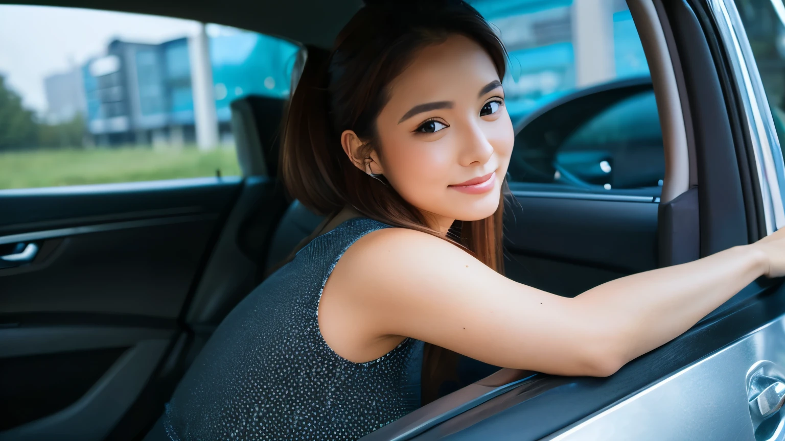 A beautiful woman is camping in a car, fast asleep wearing sexy clothes in the rain