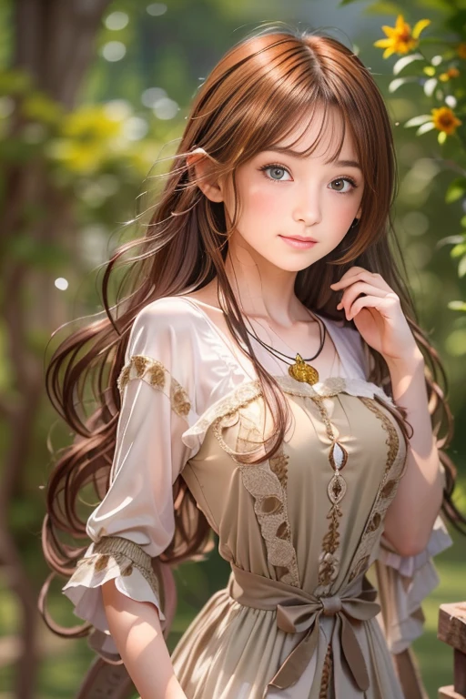 Luma is an elegant person, she is beautiful、have a strong attitude, she has voluminous breasts, Feminine silhouette of pear, auburn hair, long auburn hair, she has expressive eyes, ( Only the eyes are olive green) Her skin turns white、I have light freckles on my cheekbones, Big breasts, farm, brown rustic clothes, boho clothes, farm bohemian fashion clothes, romantic atmosphere, fire light, sparkle of fire, Hana dresses her hair to have half straight and half curled ends cartoon