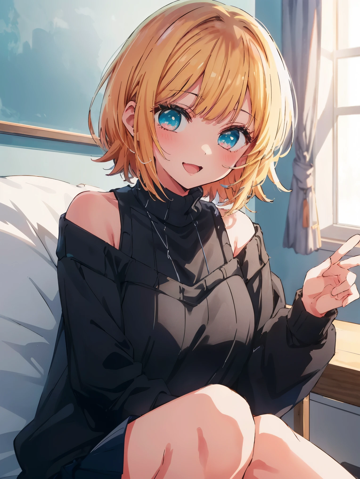 1 girl, memocho, blonde hair, blue eyes, dull bangs,  short hair,
break bare shoulders, 黒のskirt, (青いsweater:1.5), long sleeve, off shoulder, off shouldersweater, plump sleeves, skirt, sweater, white ribbon,(((anime style)))、(((2D)))、8K、smile、Close-up、Open your mouth、Black hair only on the head