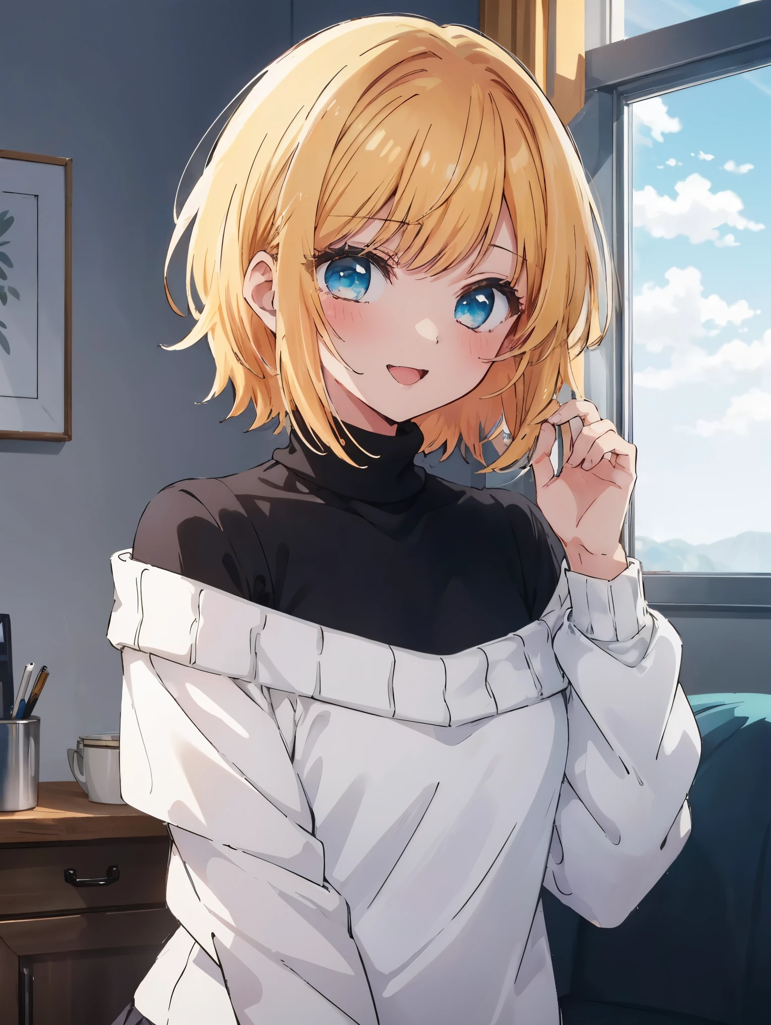 1 girl, memocho, blonde hair, blue eyes, dull bangs, short hair,
break bare shoulders, 黒のskirt, (青いsweater:1.5), long sleeve, off shoulder, off shouldersweater, plump sleeves, skirt, sweater, white ribbon,(((anime style)))、(((2D)))、8K、smile、Close-up、Open your mouth、Black hair only on the head