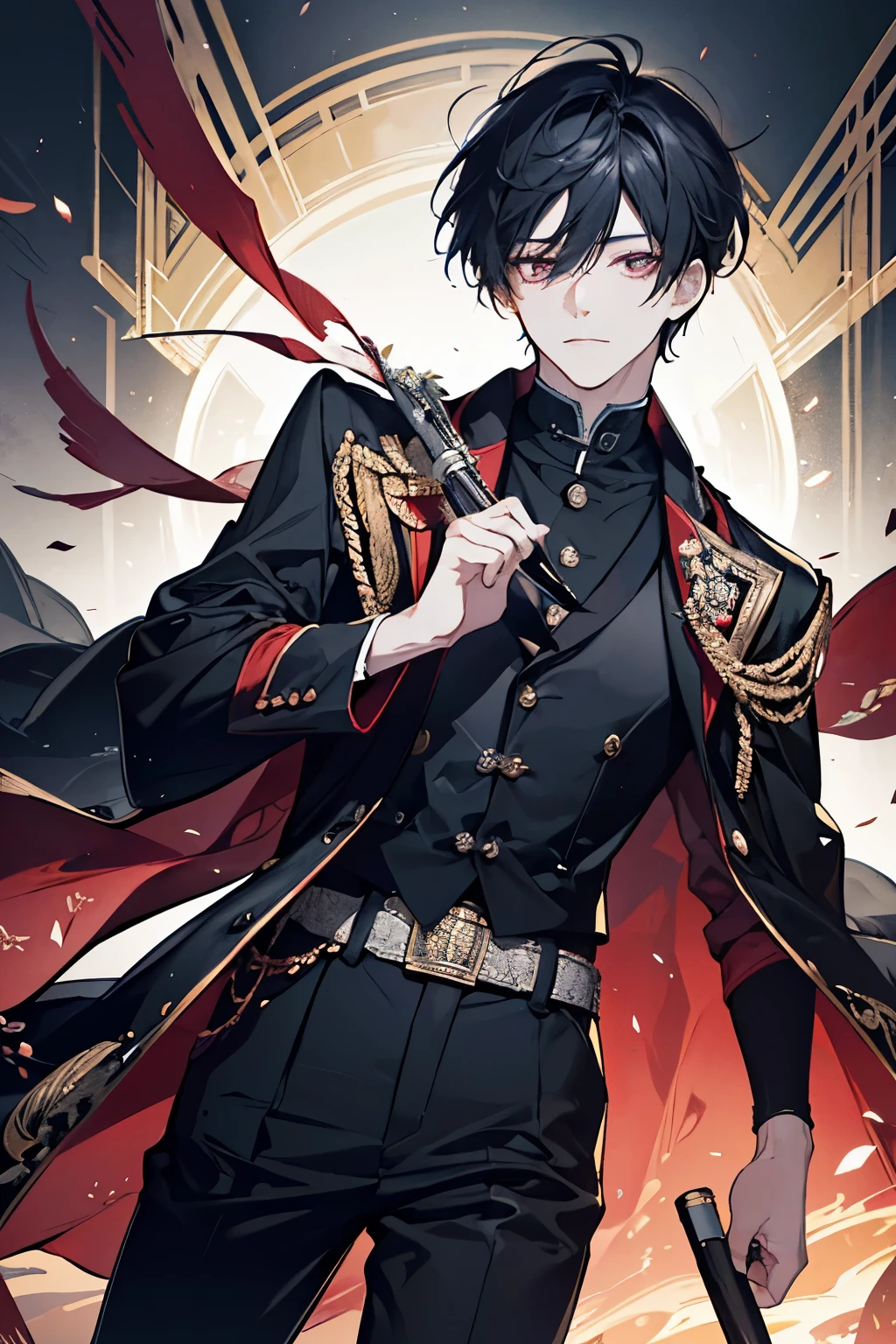 Create an intricately detailed 2D animation in 4K resolution featuring a 1 boy character inspired by the Genshin Impact games. Render the character in an anime art style, emphasizing specific attributes such as black, slightly curly hair, and intense red eyes. Attire the male character meticulously in modern suit Korean style colorfull, ensuring that the design authentically captures the unique aesthetics of the Genshin Impact universe. Pay meticulous attention to ultra-detail in the illustration, striving to convey the rich essence of the game's world. Craft a visually stunning and immersive artwork that seamlessly integrates the character's individuality with the captivating allure of Genshin Impact. ultra detailing part,Korean Long 4/6 Bangs Hair Style,Masculine and Handsome,Perfect Male,High and cold,Handsome,