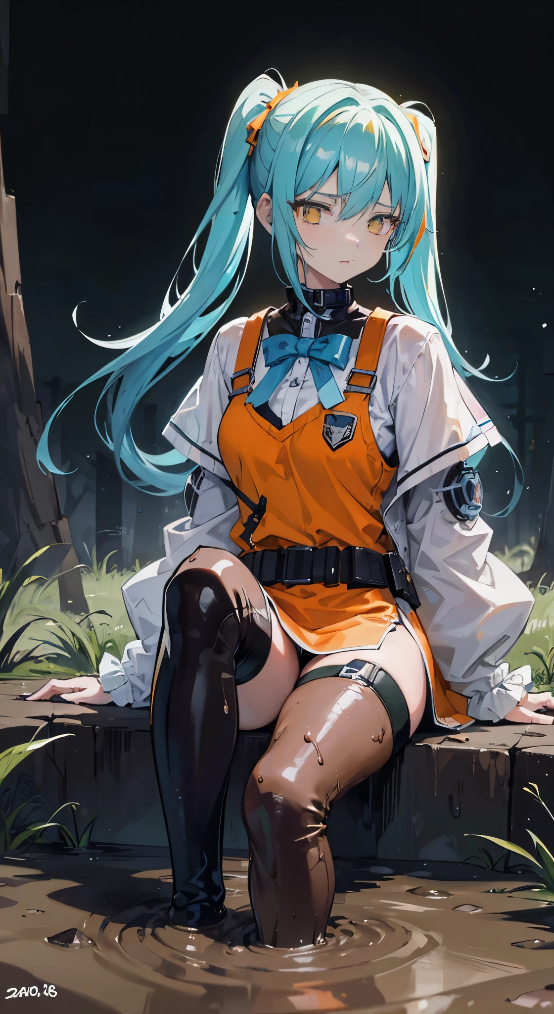 (best quality, 8k, high-resolution, masterpiece:1.2), ultra-detailed, smoothly rendered, precisely composed, triangle composition, light blue twin ponytails, yellow eyes, fair skin, 16-year-old Western girl in anime style, wearing a cyberpunk-inspired orange vest and metallic boots, landscape in the background, full-body depiction, splatter art style, struggling in a muddy swamp, legs sinking into the mud, dark brown muddy swamp, nighttime, expression of despair.
