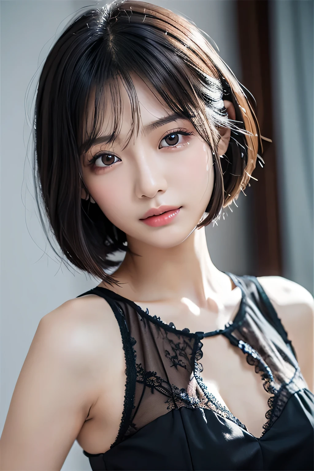 8k、High resolution、B girl fashion、beautiful girl、slender body、young、white skin,、narrow eyes,high nose,lighting that illuminates the face、clear image、intellectual beauty、Eyes staring straight ahead、skinny、no makeup、Black Lace Costume、short hair、anxious look、close-up image、lighting that illuminates the face、,shining hair、