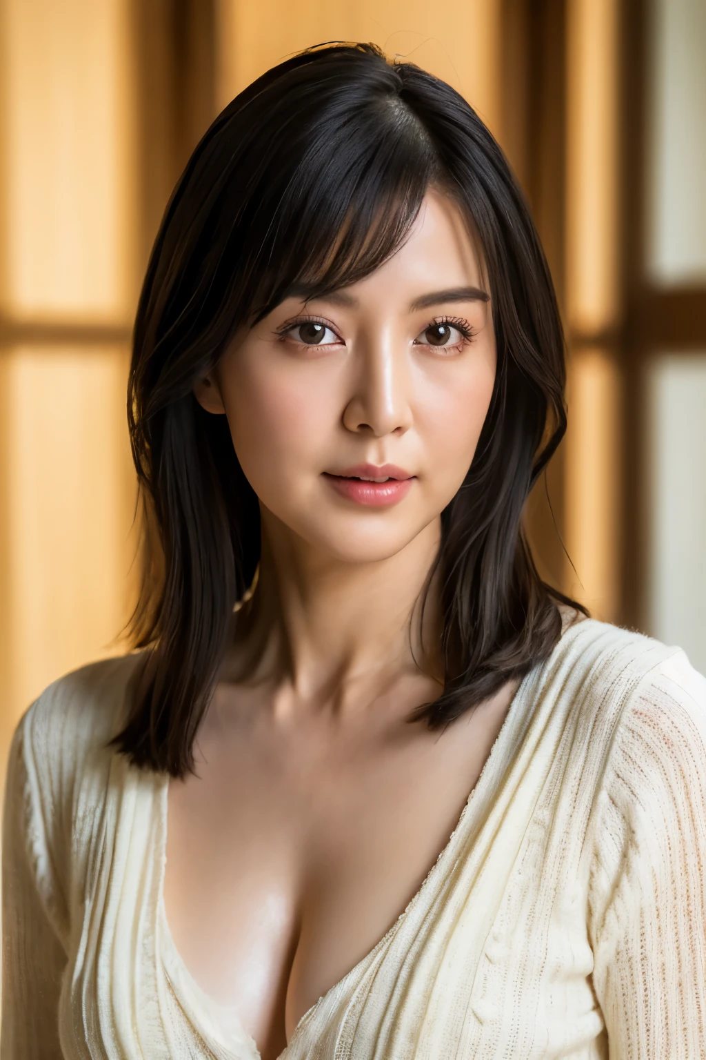 (In 8K, highest quality, masterpiece:1.2), (realistic, Photoreal:1.37), super detailed, natural sunlight, medium chest, cleavage, 1 person, 35 year old woman, view audience, black hair, pendant, light knit v-neck shirt, highly detailed face and skin, detailed eyes