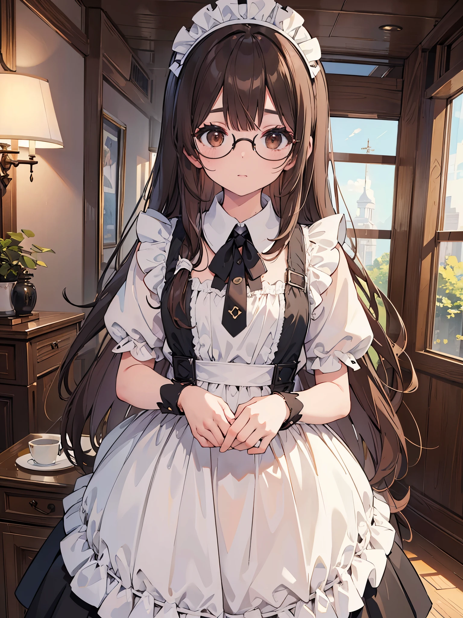 Masterpiece, Best Quality, extremly detailed, Cinematic lighting, intricate detials, hight resolution, official arts, finely detailed beautiful face and eyes, high-resolution illustration, 8K, dark intense shadows, 1girl, medium breast, long brown hair, copper hair tips, brown eyes, glasses, (swept bangs), maid uniform, dark blue dress, black shirt, puffy sleeves, long sleeves, white gloves, maid headdress, lace-up white panties, broken look, broken, blushing, tears, lying on the floor, cum, blood, cum and blood flowing out of pussy, bare breasts, pubic hair