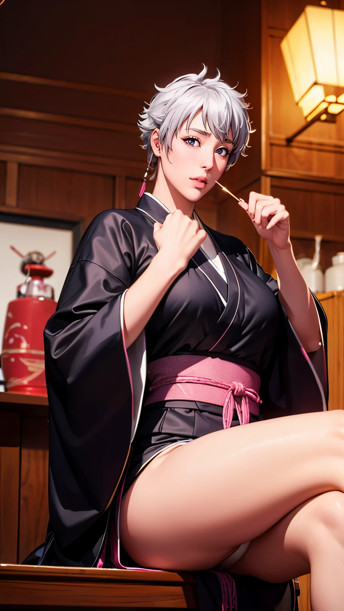 （（（完美figure，figure，long sleeves, japanese clothes, kimono, haori, black kimono, hakama, black hakama,（（（isane kotetsu, short hair, braid, white hair, (purple eyes:1.1), hair braid, ））），（（（wide hips））），S型figure:1.7））），((masterpiece)),high resolution, ((Best quality at best))，masterpiece，quality，Best quality，（（（ Exquisite facial features，looking at the audience,There is light in the eyes，blush，Happy））），（（（Interlacing of light and shadow，huge ））），（（（looking into camera，Ghost Road，glow，from below，look up,sit astride，spread legs，Put your hands behind your back）））