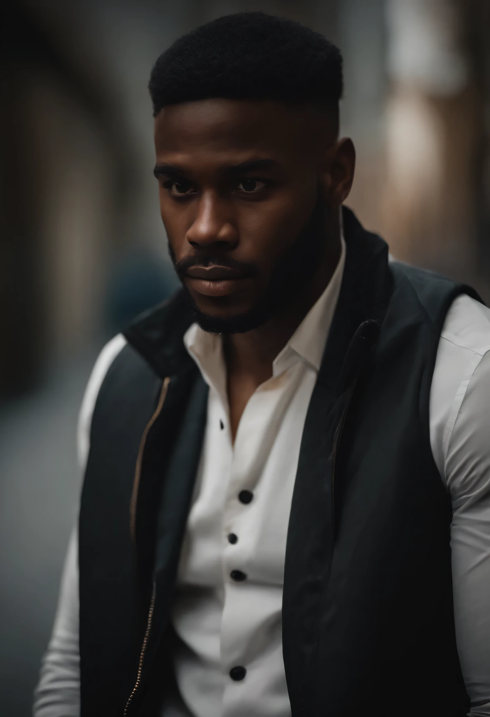 Hiperrealista , ultra detallado, foto de un hermoso hombre negro americano ,  afrontar, ultra detallado, Detalles ultra precisos, Taken with a Canon EOS RI camera at a 50mm focal length with a 1.4 apertura. 4k, 8k. Heavy makeup and a shy expression.