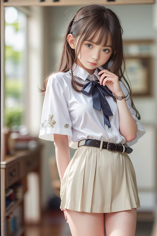 masterpiece , top quality , very detailed , 1 person, ((contrasting eyes)) , standing , blouse, skirt , bangs , room , indoor