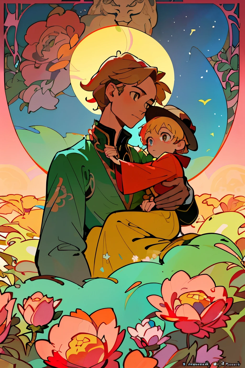 In the enchanting world of Antoine de Saint-Exupéry's "The Little Prince," the little prince, dressed in a red tunic and wearing a sun hat, was surrounded by a sea of pink and red roses. He tenderly held a fox in his arms, and the fox, with its expression of deep trust, looked up at him. The sun cast a soft glow over the scene, illustrating Alphonse Mucha's unique style of art. The intricate lines and detailed floral patterns adorned the background, while the prince and the fox stood out with their three-dimensional effect in this high-quality, masterpiece painting. The little prince's eyes