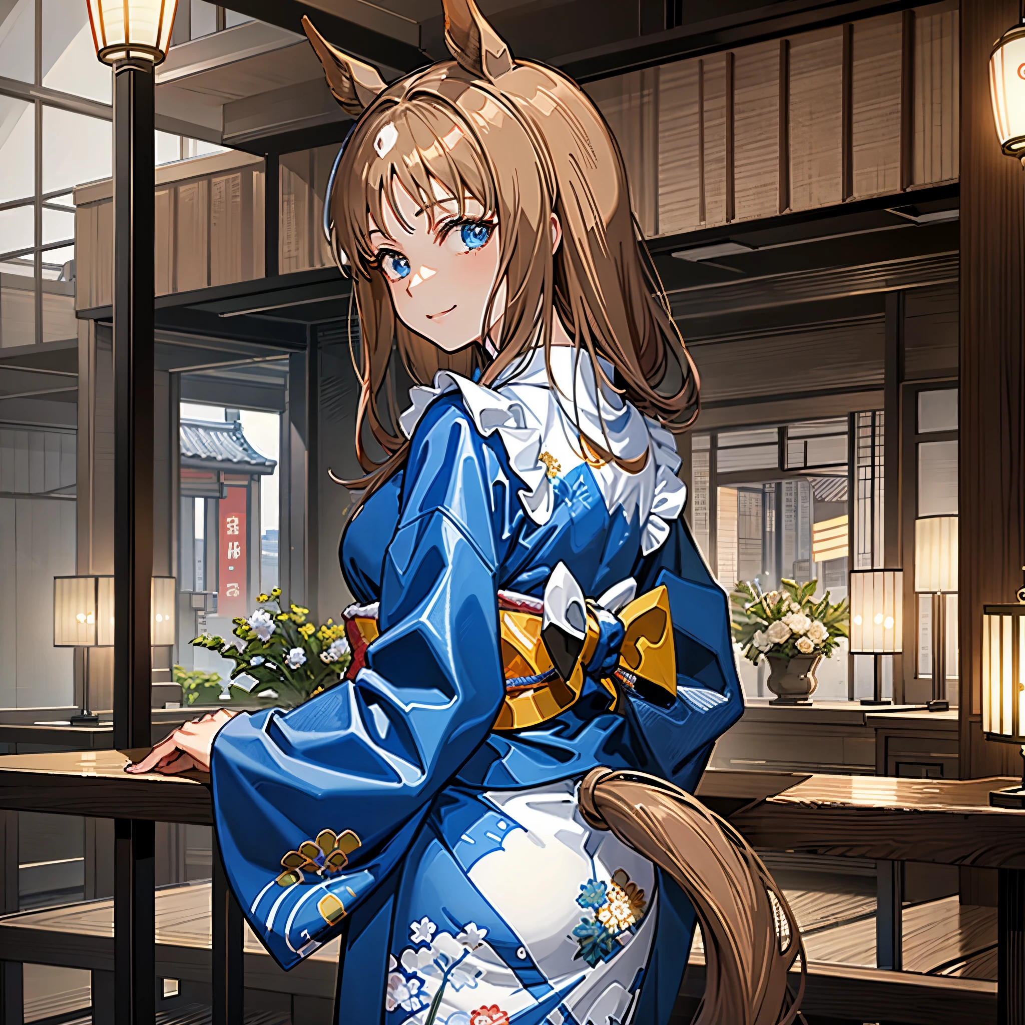 8k, (super detail), (masterpiece, highest quality, high resolution), (anatomically correct: 1.2), 1 girl, solo, upper body, Glass Wonder (Uma Musume), light brown hair, blue eyes , (1 person) white dots on bangs), horse ears, horse tail,from behind, looking back, kimono, maid style kimono, frilly kimono, cute smile, Japanese room, matcha, tatami, tea room, night, moonlight,