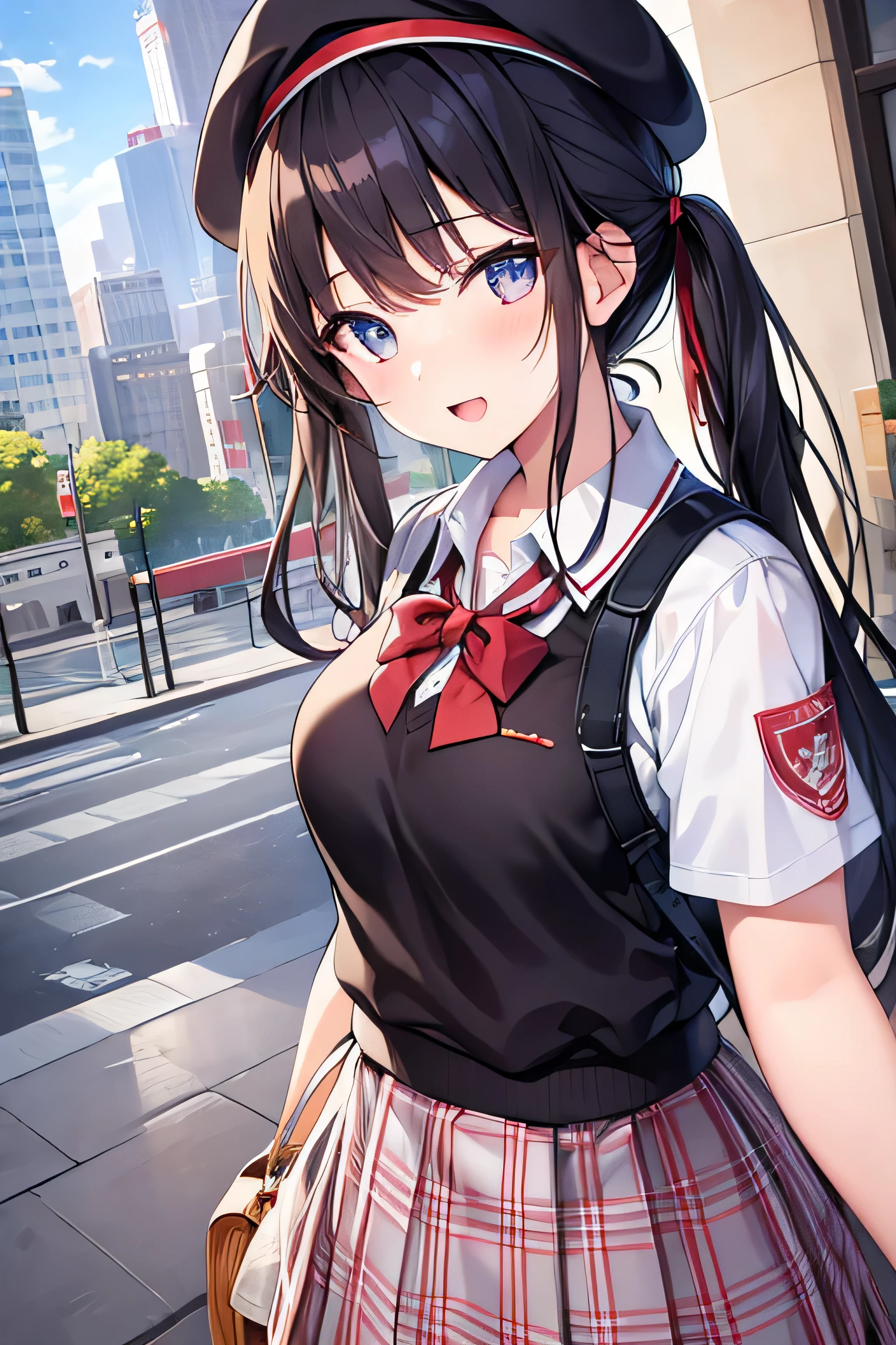 masterpiece、Highest image quality、ultra high resolution、teen  with big tits、twin tail hairstyle、black hair、red face、mock、Open your mouth just a little、Short-sleeved women&#39;s clothing that shows the chest、 for teenage schoolgirls、Girls berets for teenage schoolgirls、Skyscraper、outdoors