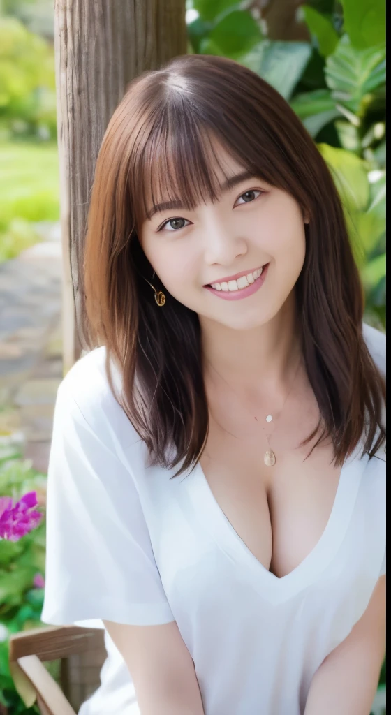 (highest quality、8k、masterpiece:1.3)、beautiful woman with perfect figure:1.4、dark brown hair、high ponytail、(huge breasts 1.5)、voluptuous body woman、wearing a pendant、Ripped denim shorts and white cotton V-neck T-shirt、cleavage、exposed breasts、white breast、sit on a bench、exposed thighs、smooth skin thighs、in the garden、highly detailed face and skin、detailed eye、double eyelid、smile、double teeth