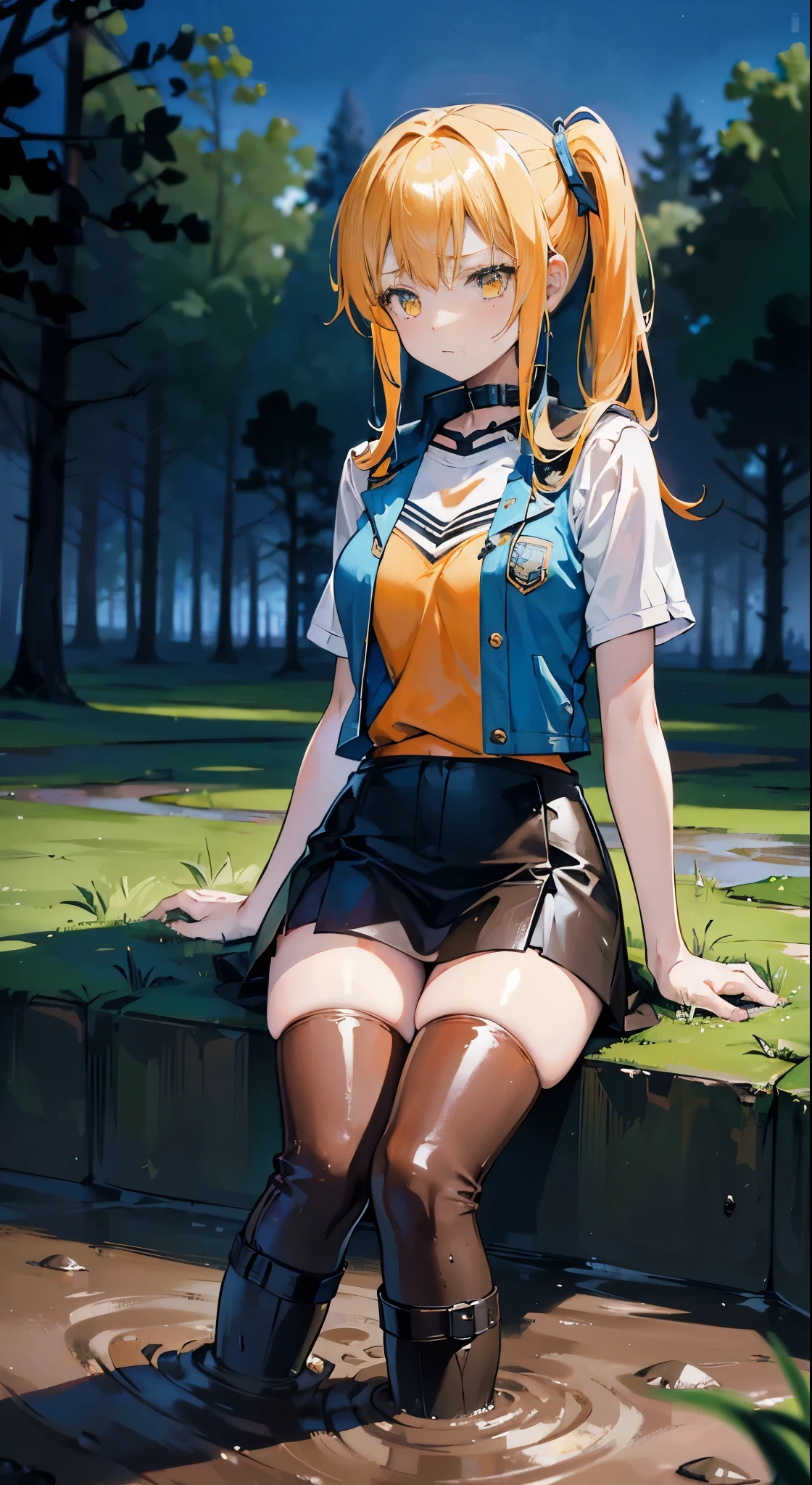 (best quality, 8k, high-resolution, masterpiece:1.2), ultra-detailed, smoothly rendered, precisely composed, triangle composition, light blue twin ponytails, yellow eyes, fair skin, 16-year-old Western girl in anime style, wearing a cyberpunk-inspired orange vest and metallic boots, landscape in the background, full-body depiction, splatter art style, struggling in a muddy swamp, legs sinking into the mud, dark brown muddy swamp, nighttime, expression of despair.